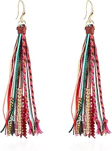 Bohemian Feather Dangle Earrings with Shell Beads and Long Tassels for Women