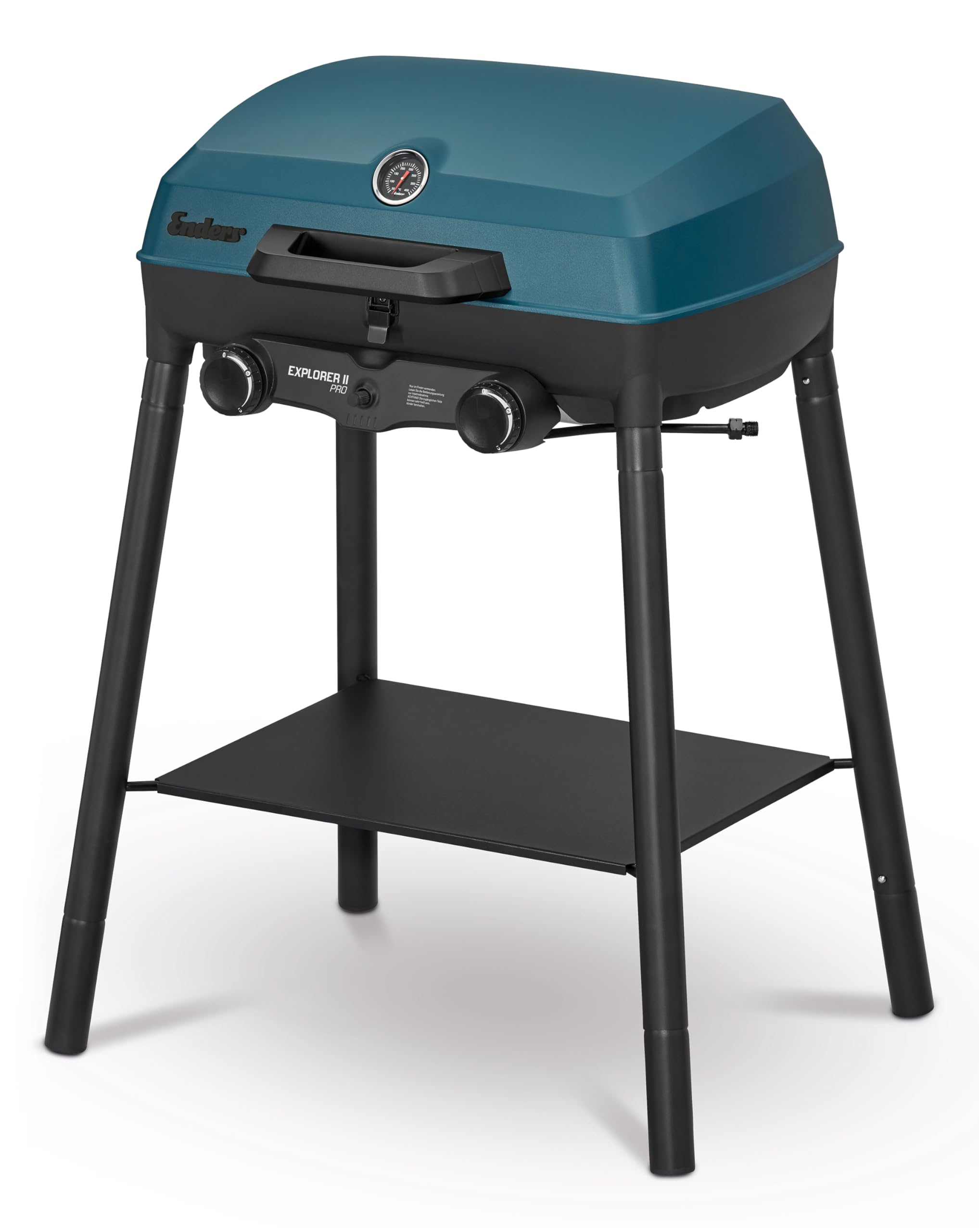 Enders Camping Gasgrill Explorer II Pro, Grill-Thermometer, Grillen-, Kochen-, Backen Funktion, 2 Brenner Edelstahl, kleiner Balkon-Picknick-Grill, Aluguss-Grillwanne #2108