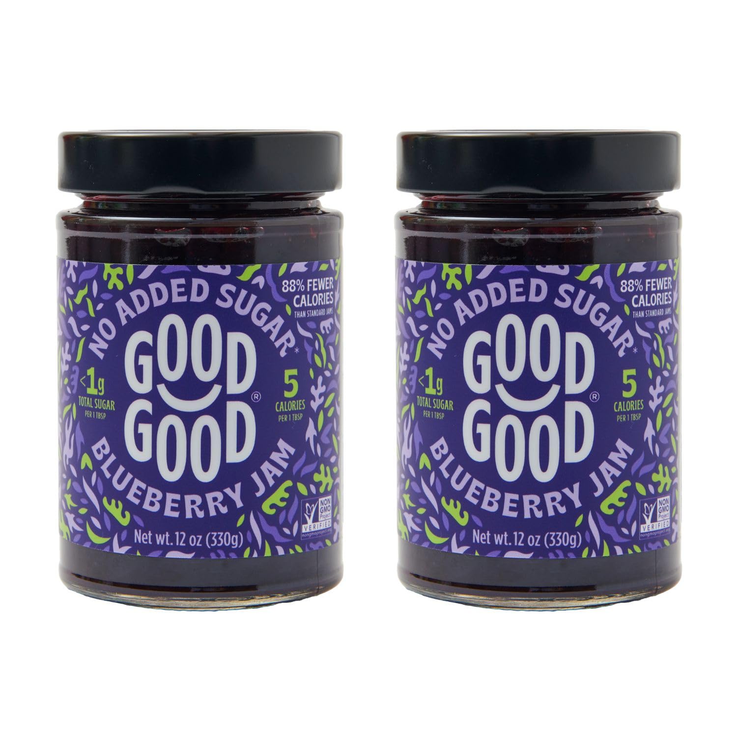 Good Good Blueberry Jam - No Added Sugar - Low Calorie - Gluten Free and Vegan - Diabetic and Keto Friendly - 12oz / 330g (Pack of 2)