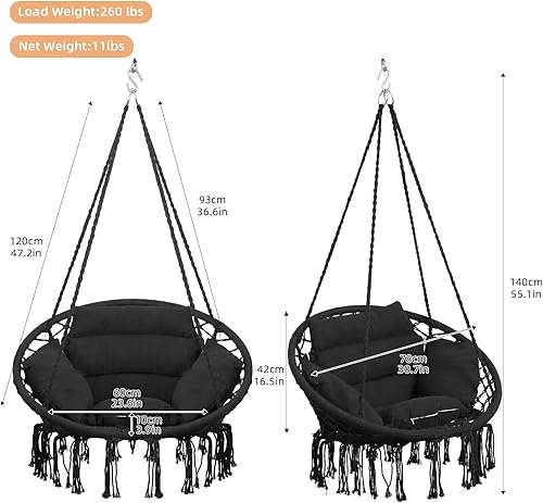 Miniatura 22 de Goutime Silla tipo hamaca, sillas colgantes de macramé con cojín y kit de herramientas, columpios bohemios para adultos para exteriores, patio, Gris