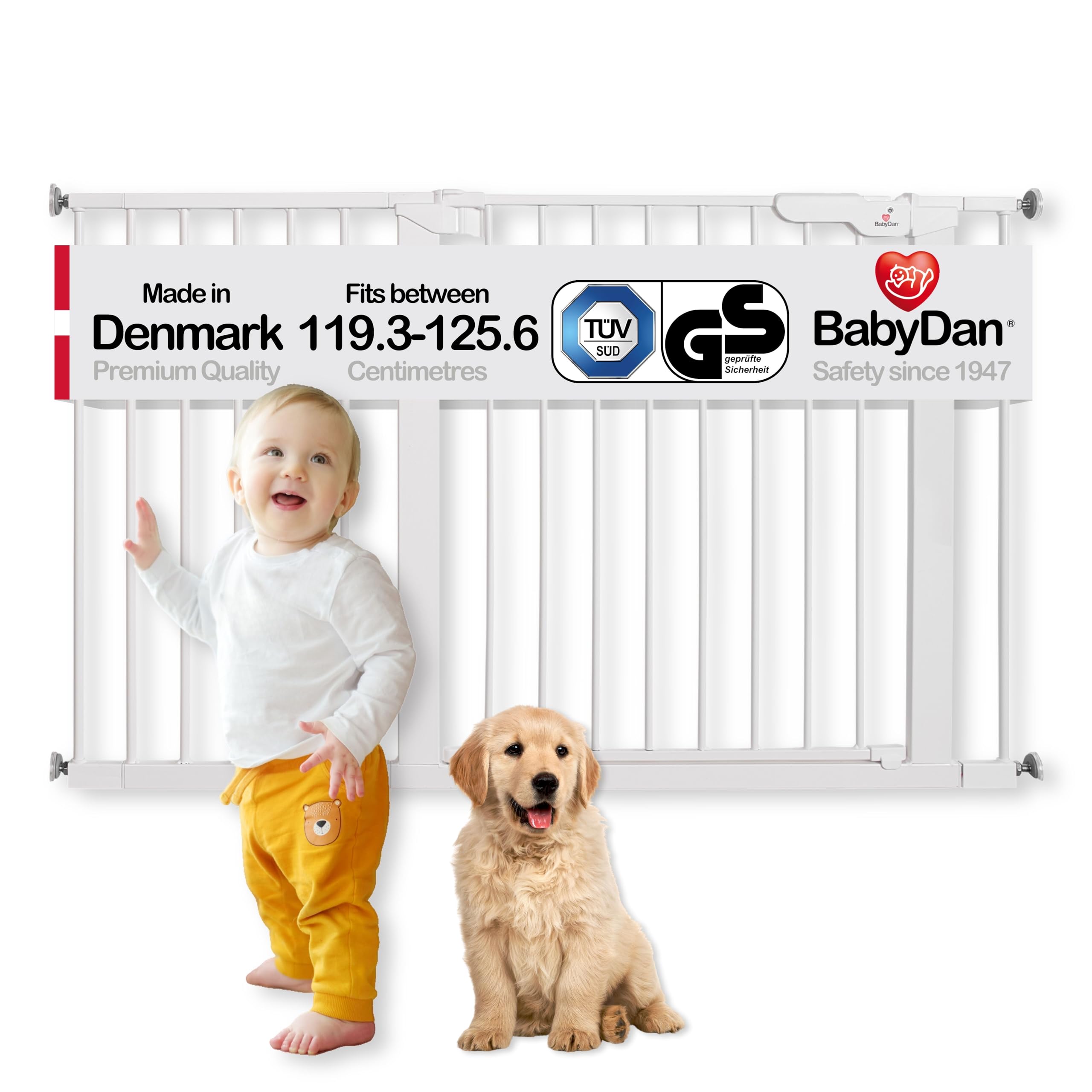BabyDan Premier, Cancelletto a pressione extra largo, 119,3-125,6 cm, Cancelletto per bambini, metallo, bianco, Made in Denmark - (Cancelletto per animali/cane)