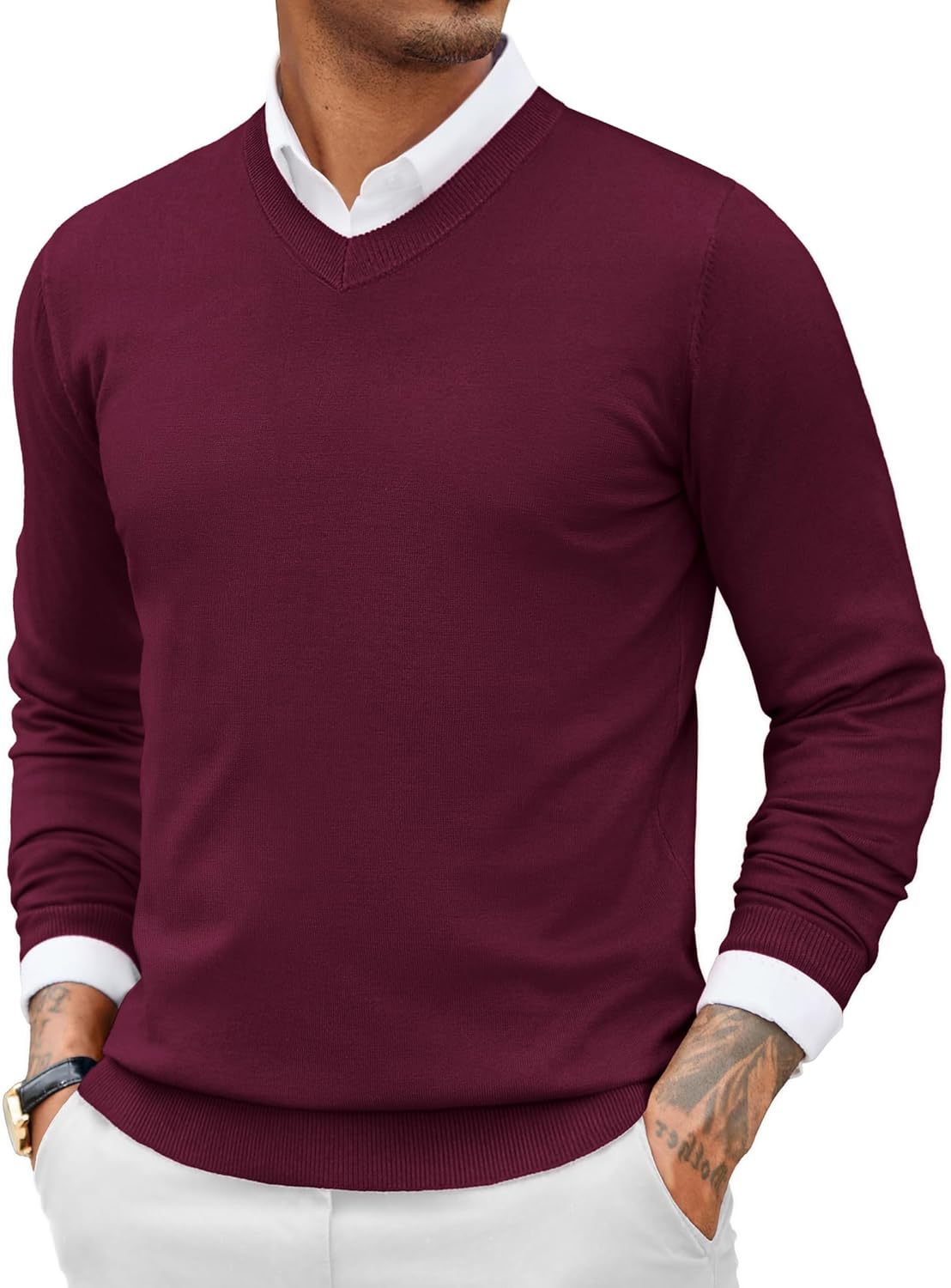 COOFANDY Men Casual V Neck Sweater Ribbed Knit Slim Fit Long Sleeve Pullover Top