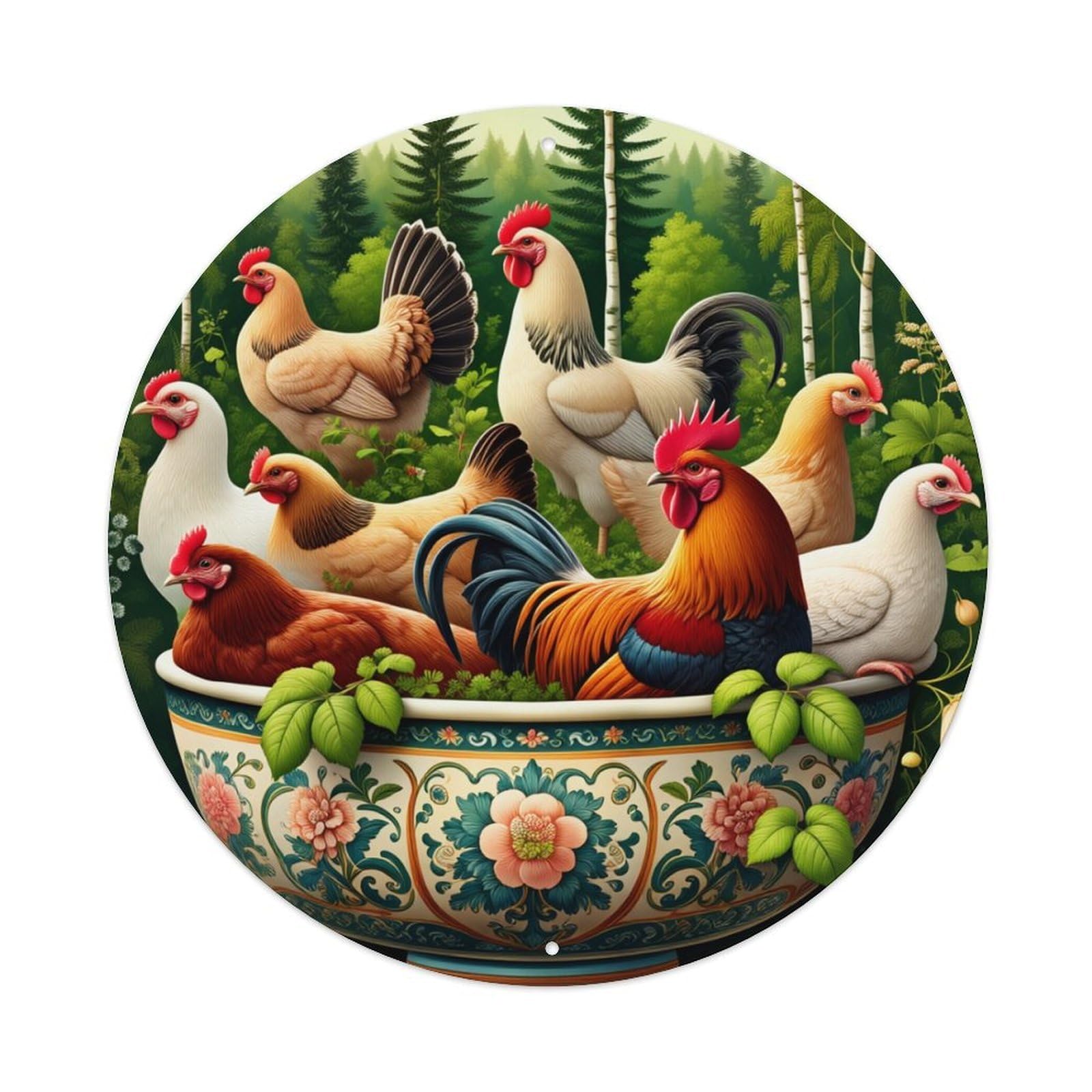 Floral Pattern With Birds And Leaves Round Tin Sign Retro Metal Sign for Cafe Bar Pub Home Game Room Gym Club Wall Decoration Vintage Metal Poster 8x8 Inch