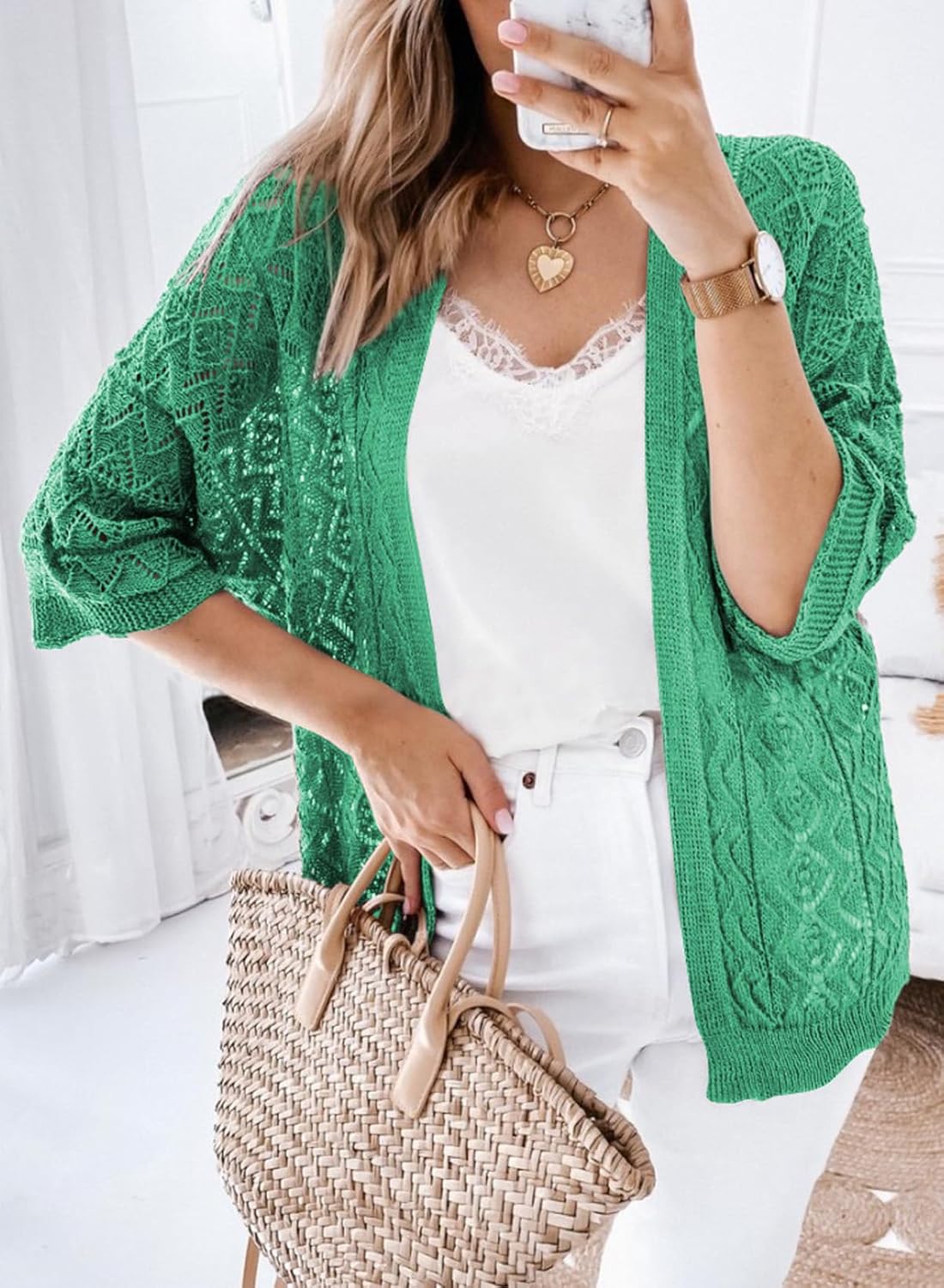 SHEWIN Women Summer 3/4 Sleeve Crochet Coverup Open Front Beach Cover Ups 2026 - Image 3