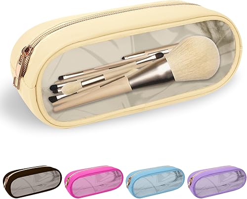 Miniatura 90 de izuzta Bolsa de maquillaje pequeña de nylon, linda bolsa preppy, bolsa con cremallera para cosméticos, Beige, Chico