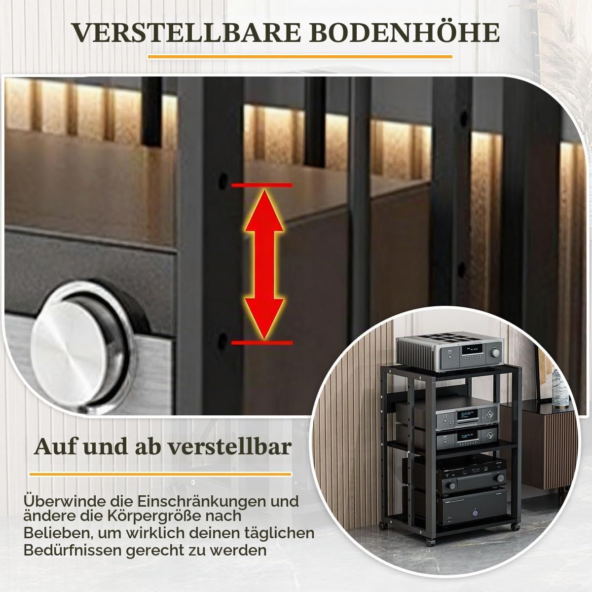 Audio Video Regal HiFi Rack High End, Stereo-Geräteschrank Mit Rollen, HiFi-Audioschrank 2/3 Lagige Einstellbare Funktion, Stereokomponenten Für Wohnzimmer/Haus/Büro(2-Layer)