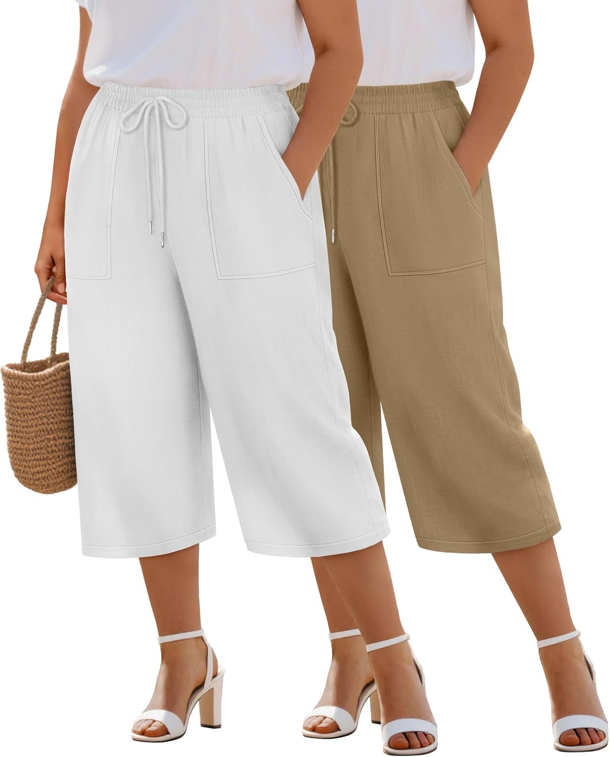 Riyiper 2 Pack Women's Plus Size Cotton Linen Blend Capri Pants, Wide Leg High Waist Casual Drawstring Trouser with Pockets