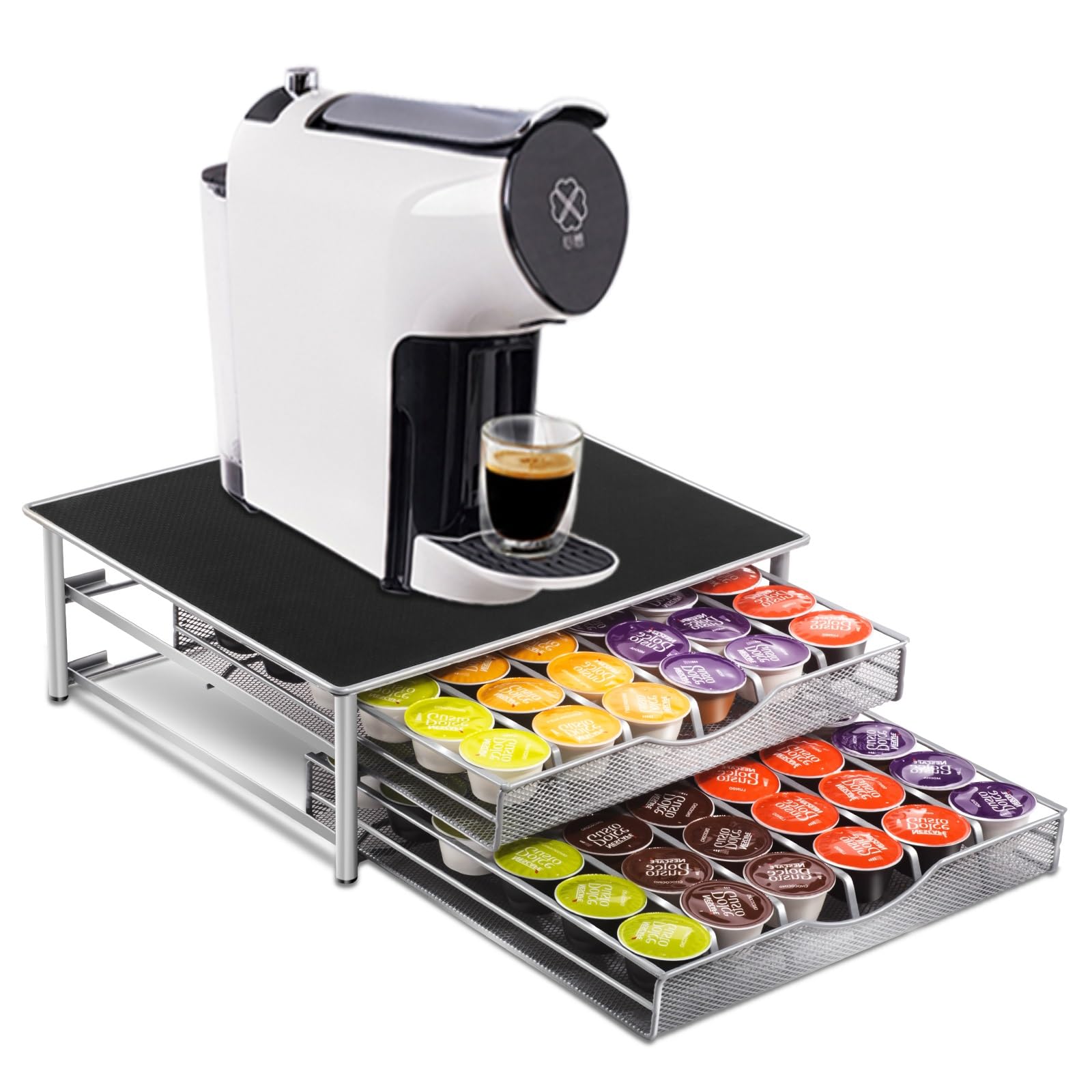 MASTERTOP Porte-Capsules Dolce Gusto 72 PCs - Support Machine à Café + 2 Tiroirs, Distributeur Capsules Noir/Argent