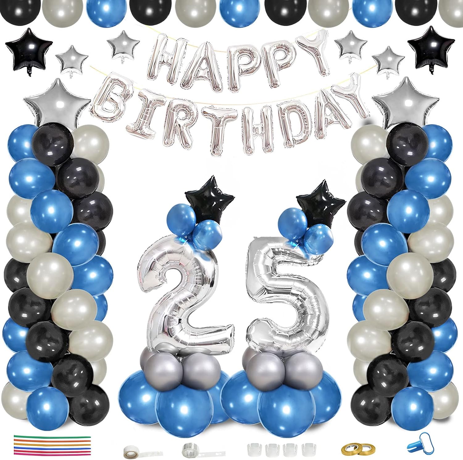 Elecrainbow 25th Birthday Party Decorations Kit,32 Inch 21 Balloon Stand, 16 Inch HAPPY BIRTHDAY Banner, Balloon Tree and Arch Kit Including 57 Balloons,100 Glue,Strip,Tie Tool and Ribbons,76 Pieces
