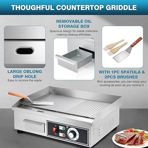 Miniatura 7 de IRONWALLS Plancha eléctrica antiadherente de 22 pulgadas, plancha comercial de acero inoxidable de 1600 W para interiores y exteriores, 2 en 1 media