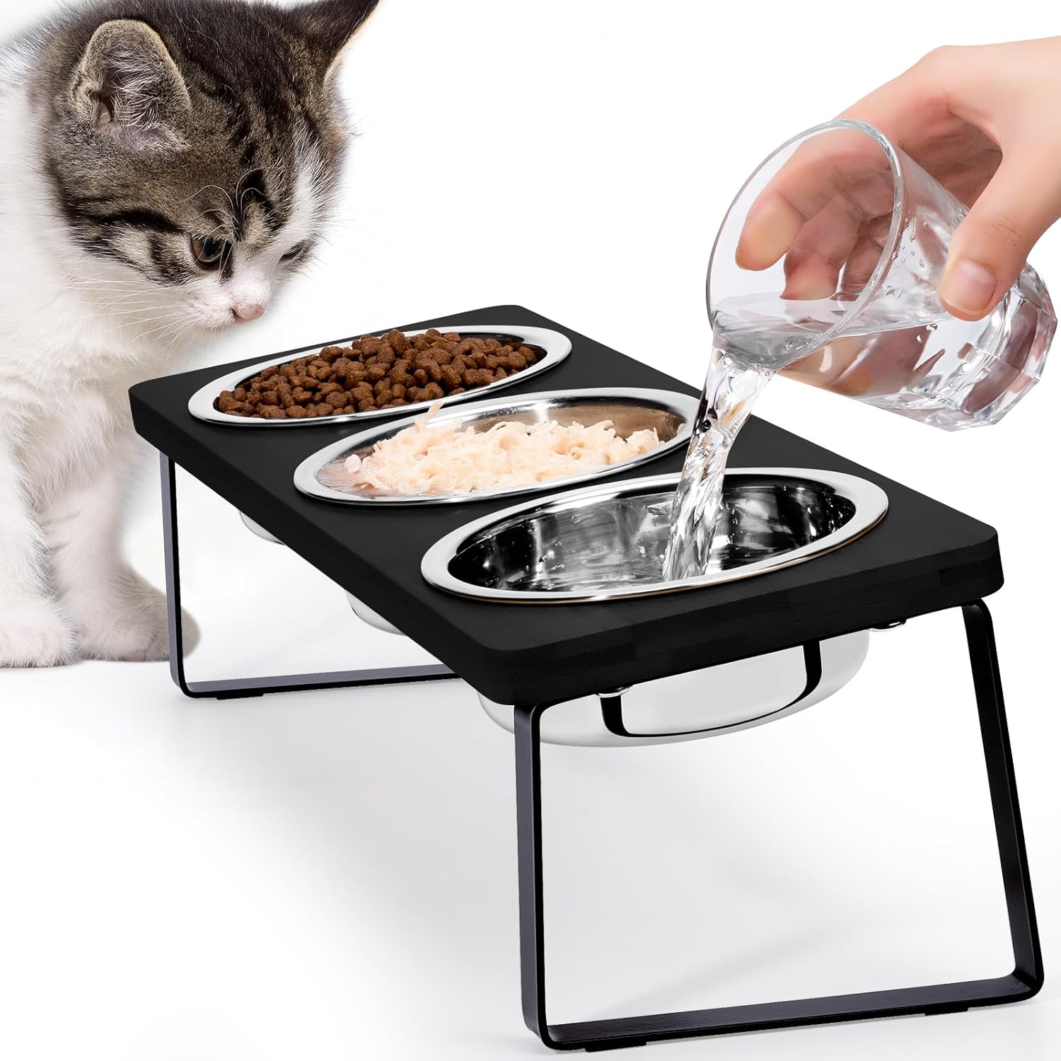Elevated Cat Bowls for Food and Water: 15° Tilted Raised Cat Bowl Set Whisker Friendly 3 Black Stainless Steel Anti Vomiting Dishes with Stand for Indoor Kitty Kittens and Pet