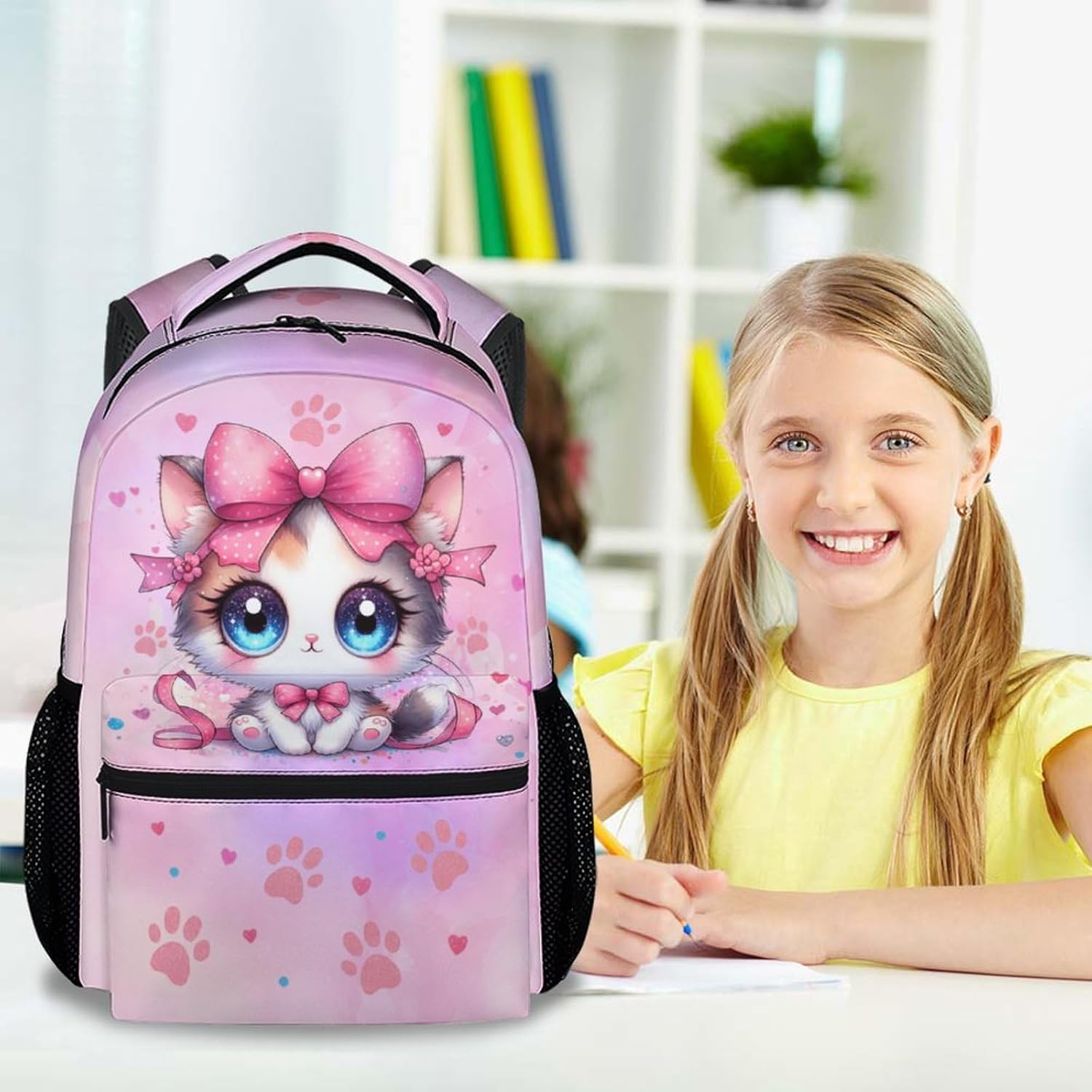 Cat Backpack for Girls, 17 Inch Cute Kids Backpacks for Elementary School, Pink Large Capacity Animals School Bag for Kindergarten
