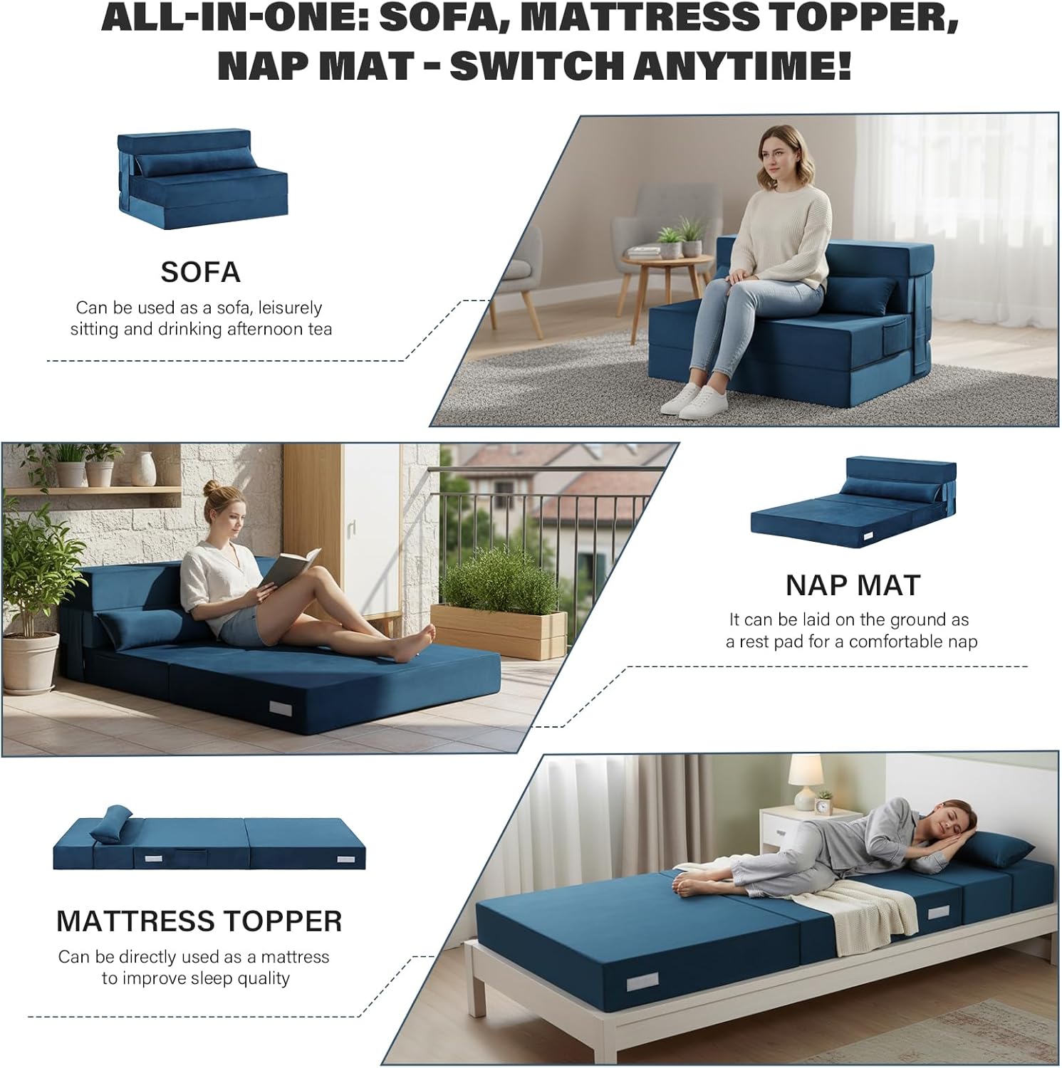 Tiita Folding Sofa Bed Couch, Twin Size Foldable Futon Chair with Pillow, Folding Sleeper Sofa Chair Bed Floor Mattress for Guest Room, Living Room, Blue