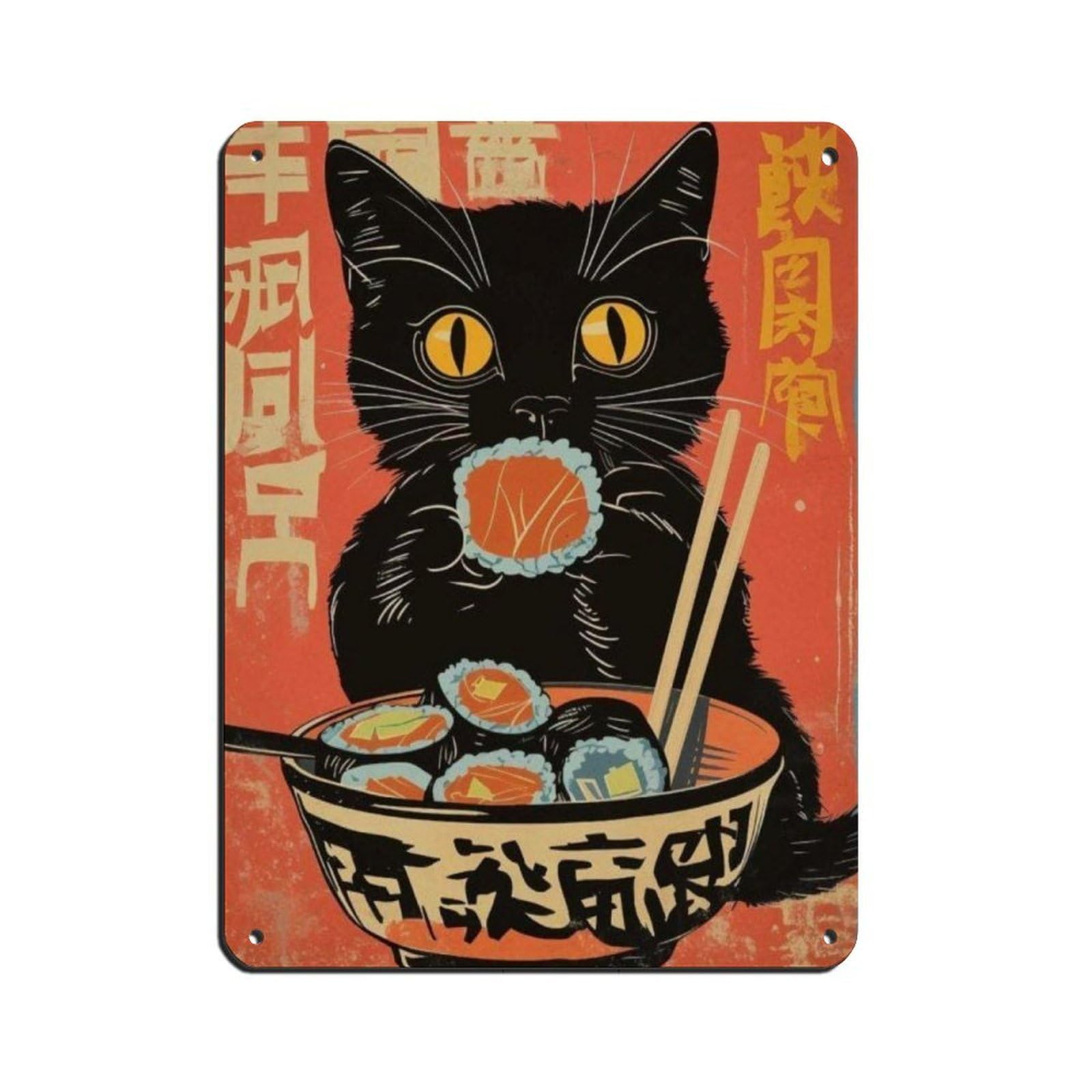 Lxwnze 30L X 40W Cm Cute Cat Eating Sushi Poster,（1） Retro Poster Metal Tin Sign Chic Art Retro Iron Painting Bar People Cave Cafe Family Garage Poster Wall Decoration 12X16inch(30X40cm)