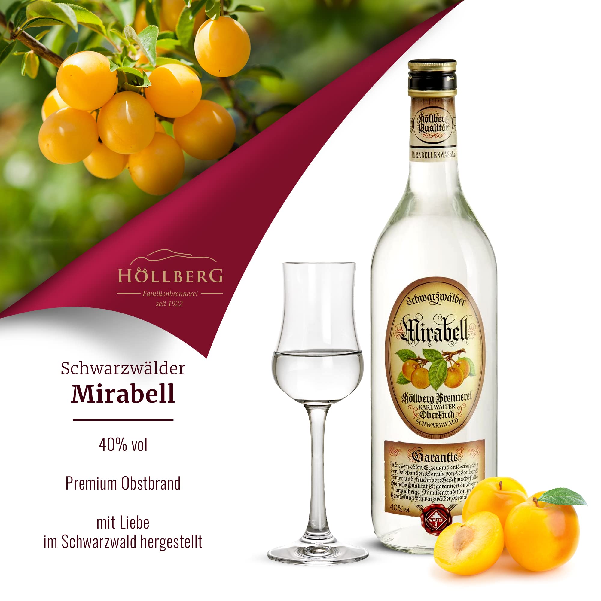 Mirabellenwasser "Höllberg" 40% vol., (1 x 1l) aus Nancy Mirabellen