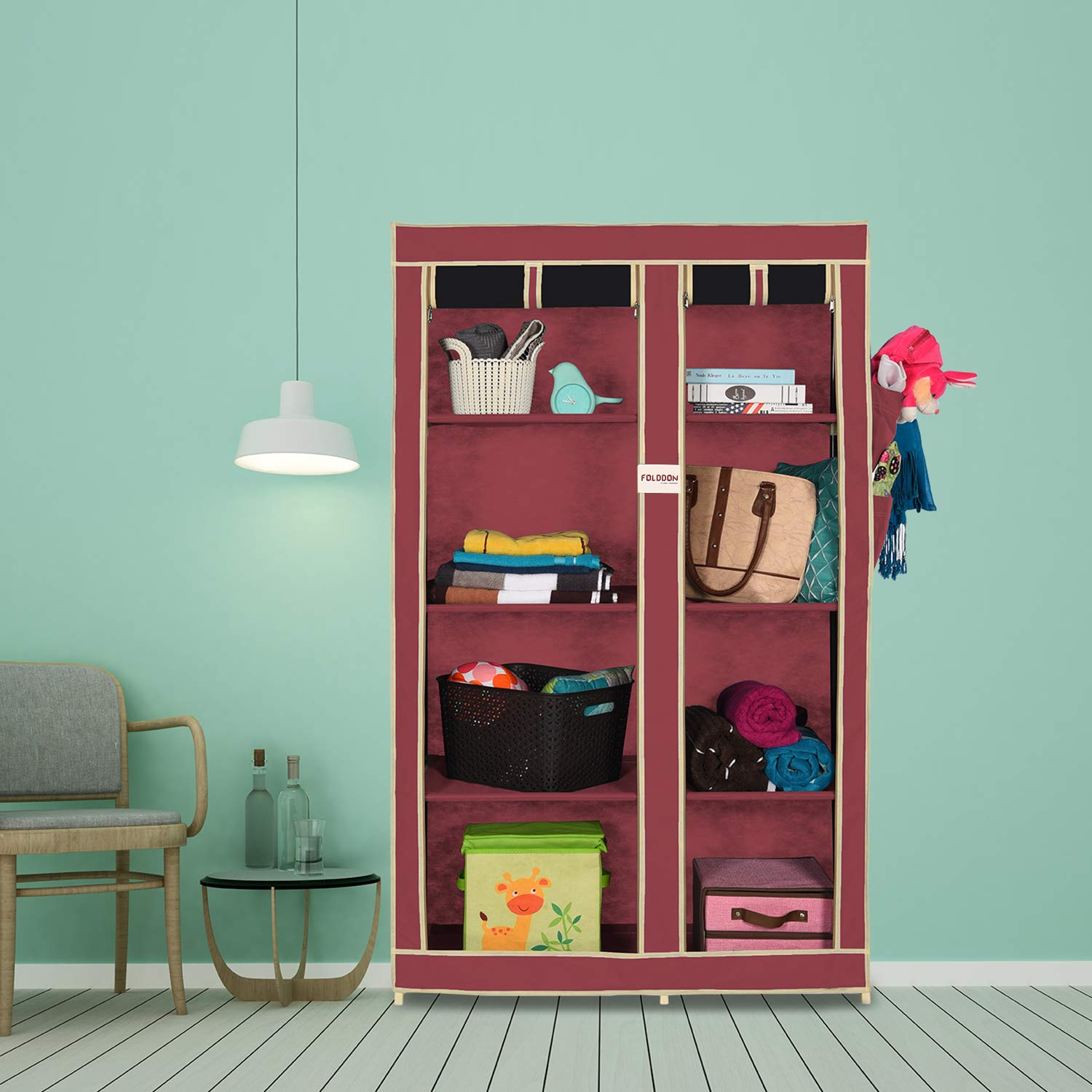 FOLDDON 265 Dual Color Foldable Wardrobe 2 Door / 8 Shelves (Maroon & Black)