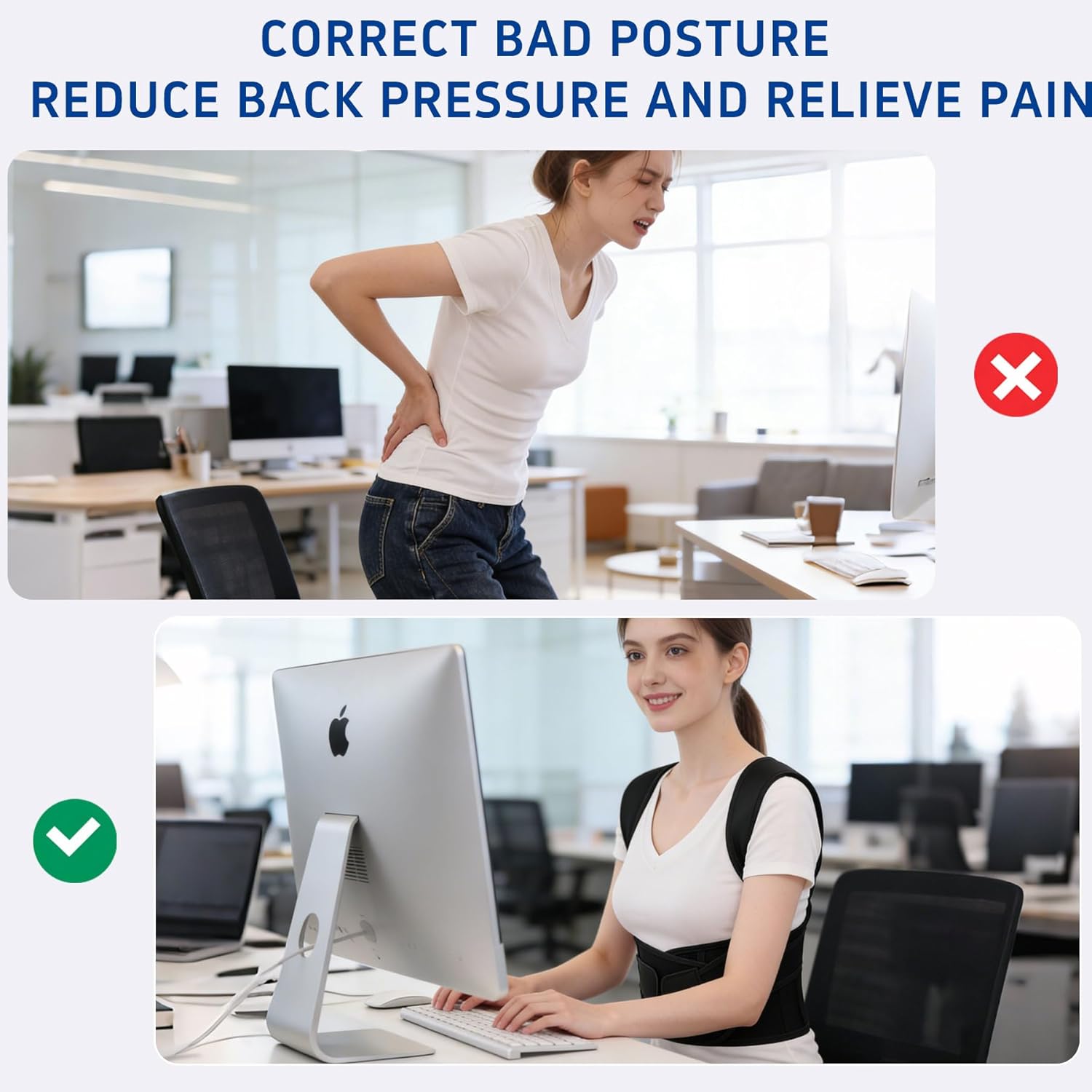 Posture Corrector for Women Men Back Brace Support Straightener Scoliosis Upper Spine Work Instant Shoulder Hunchback Straps Thoracic Adjustable Belt Upright Correction Fixer (Black, Large)