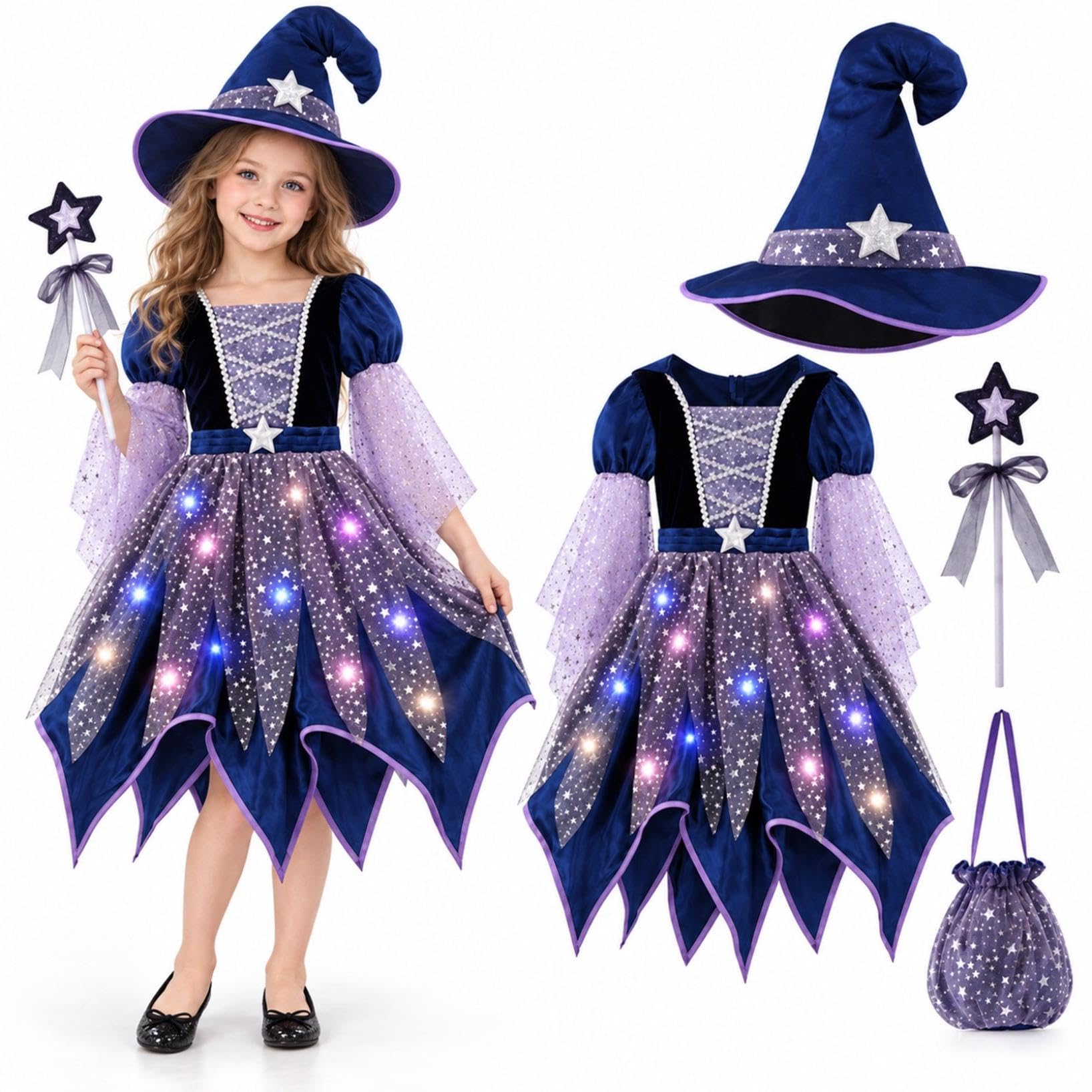 Witch Costume Kids, Light up Halloween Costumes for Girls Aged 4-12