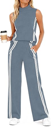 Casly Lamiit Womens 2 Piece Lounge Set Stripes Travel Outfits Sweatsuit Mock Neck Tank Top Wide Leg Pants Casual Activewear