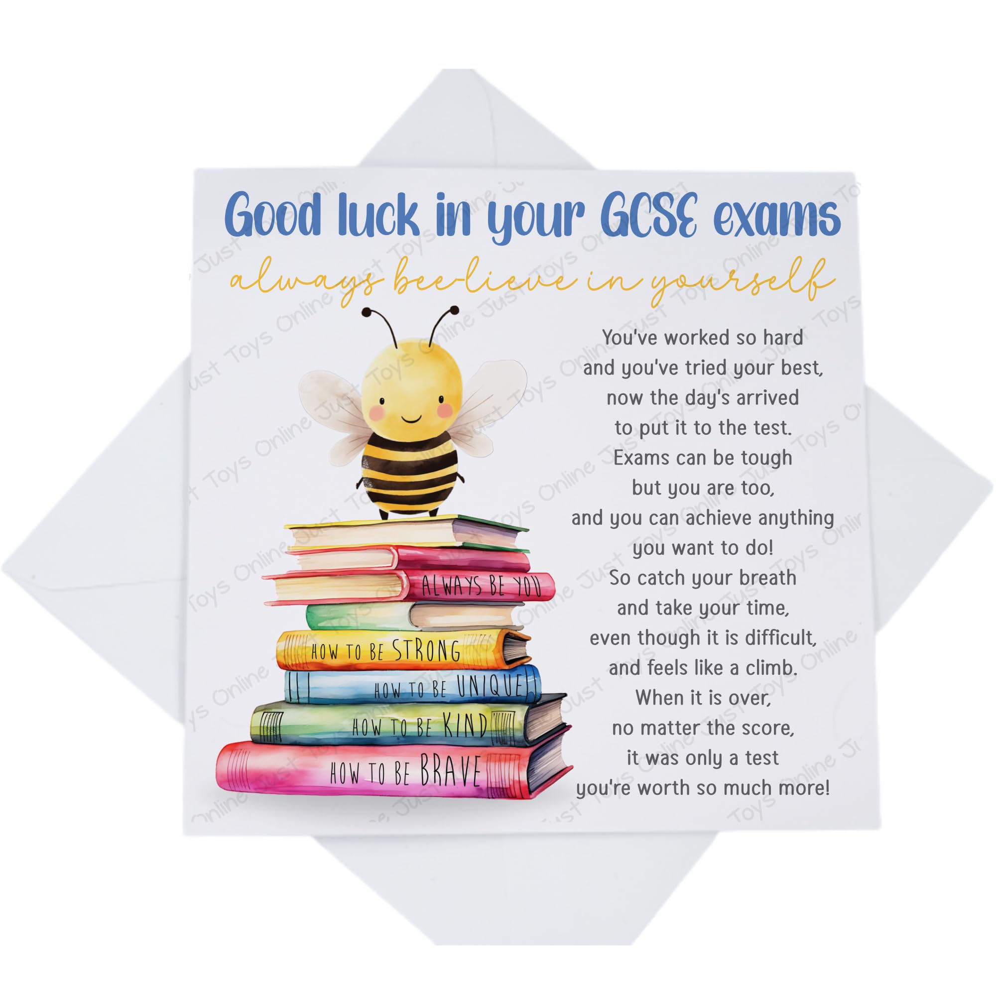 Good Luck GCSE Exams Card, Son Daughter Grandson Granddaughter GCSE Card with Poem Verse, Bee Bookstack