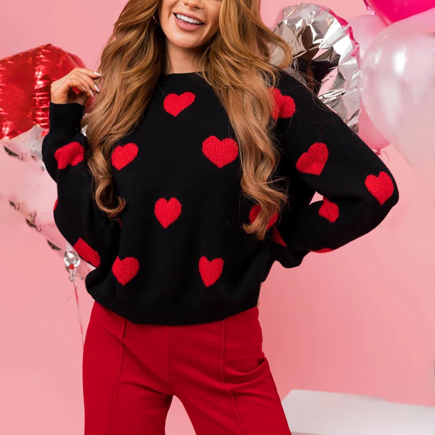 Women's Valentine's Day Heart Print Sweater Loose Crew Neck Long Sleeve Pullover Knit Tops for Date - Image 3