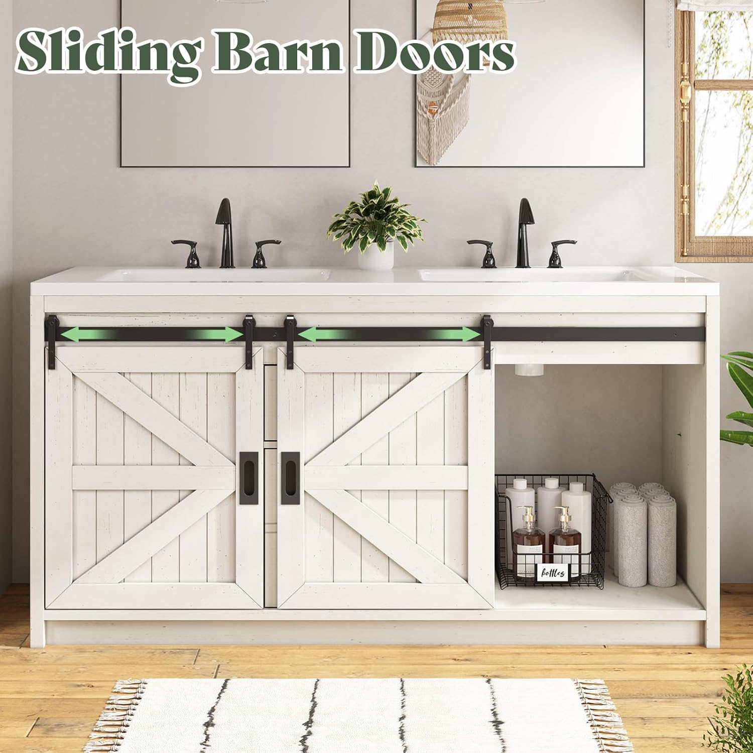 LUXOAK 60" Farmhouse Sliding Barn Door Double Vanity with Sink Combo, Freestanding Bathroom Vanity Cabinet with Drawers & Metal Handles, Distressed White