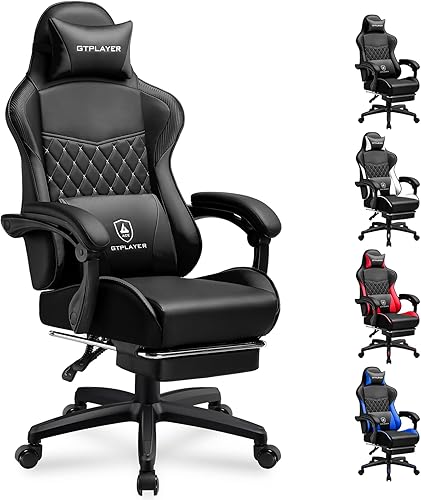 GTPLAYER Silla para videojuegos, silla de cuero con respaldo alto y reposapiés, silla de oficina ergonómica de altura ajustable con funda extraíble