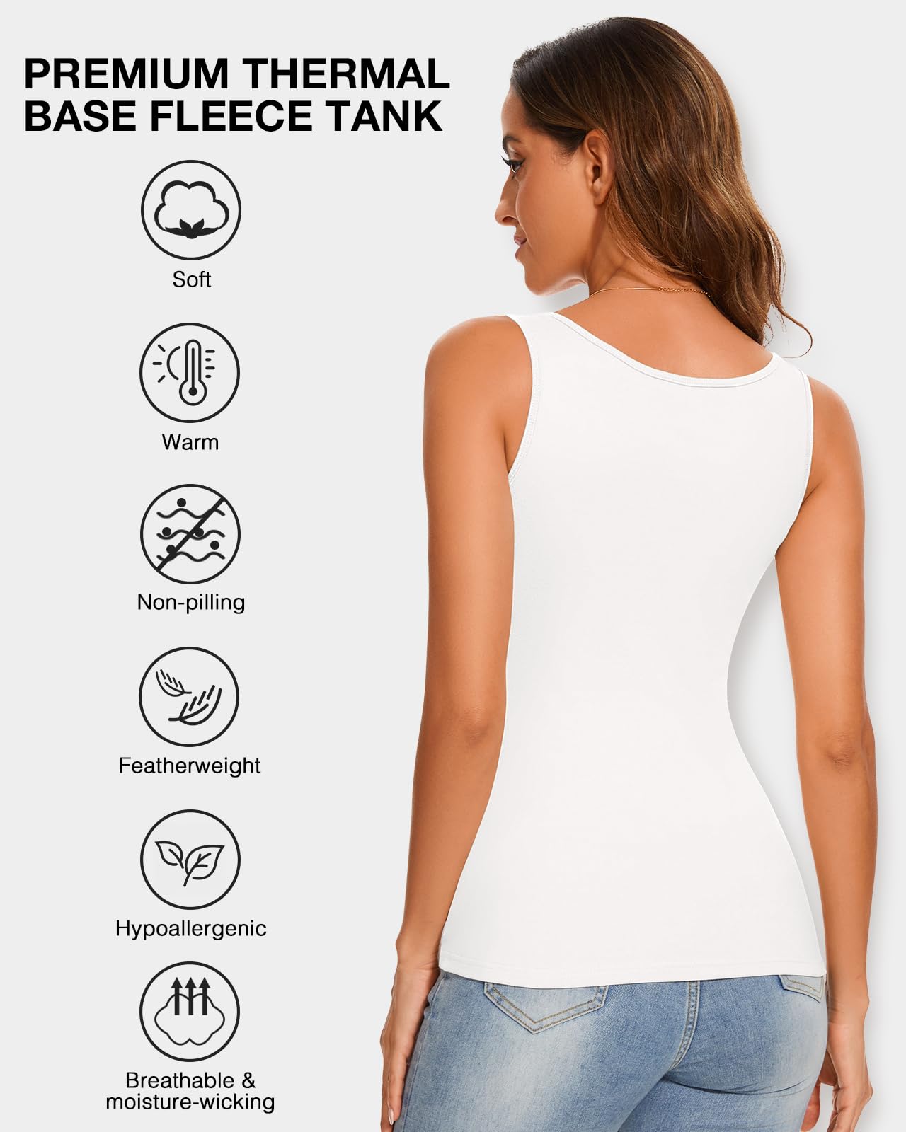 LEYSHE Thermal Tank Top Fleece Lined Shirt Camisole Sleeveless Thermal Top Vest Warm Undershirt Base Layer Women Cold Weather White