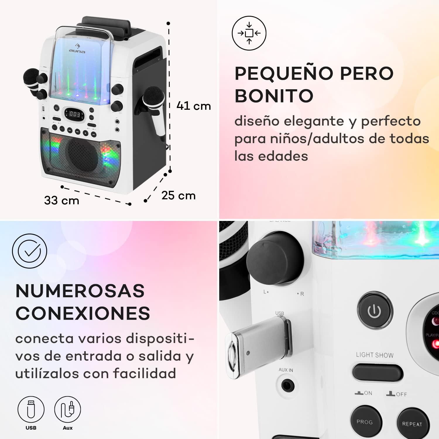 Auna KTV Karaoke con CD y 2 Microfonos Karaoke Portatil para Adultos y Niños, Display de Luces LED, RCA Video, AUX y con Entrada Puerto USB, Microfono Karaoke Infantil, Aparato con Sistema Audio