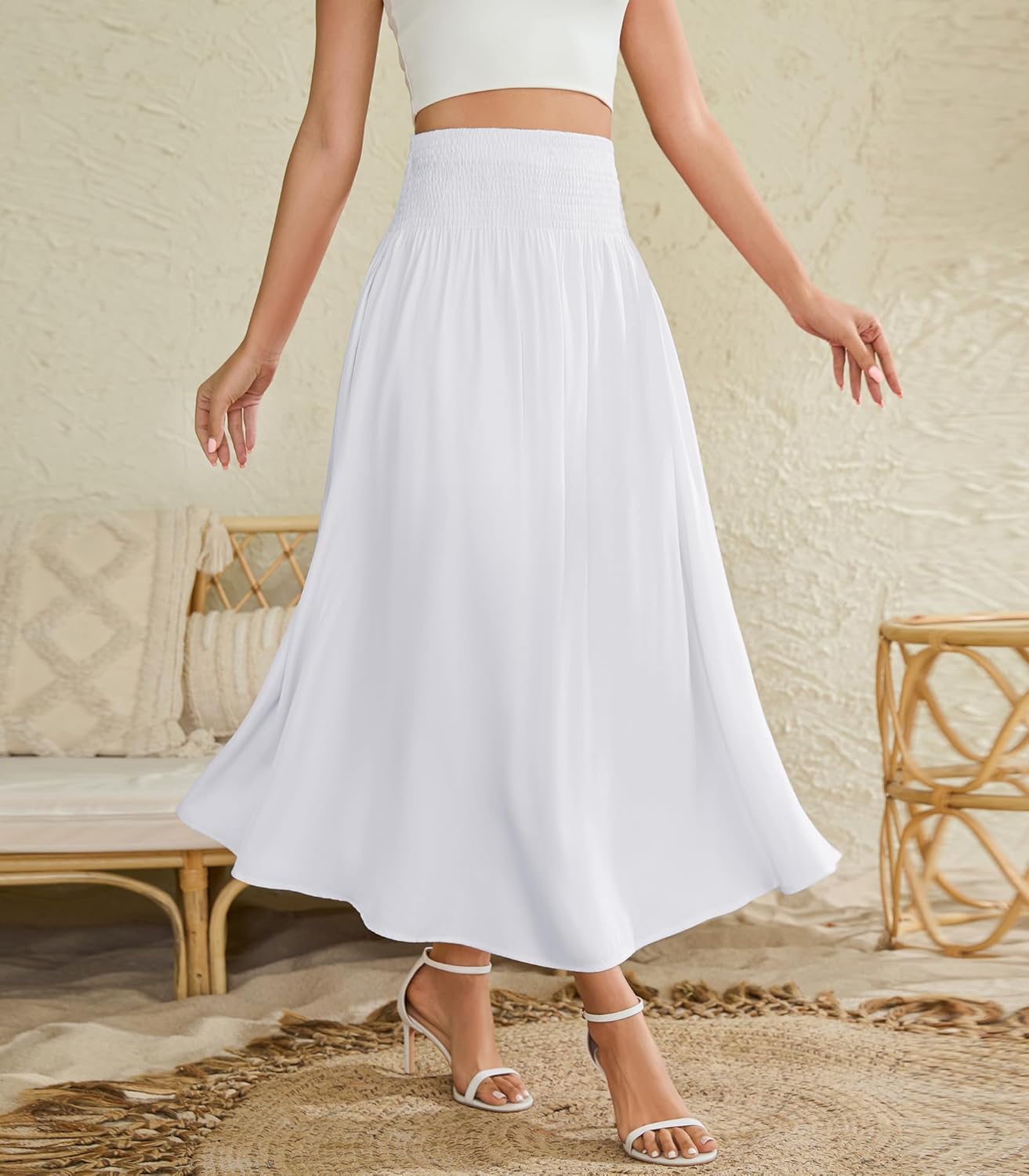 Women's Elastic High Waisted Midi Skirts with Pockets Trendy A-Line Flowy Swing Basic Skirt - Image 3