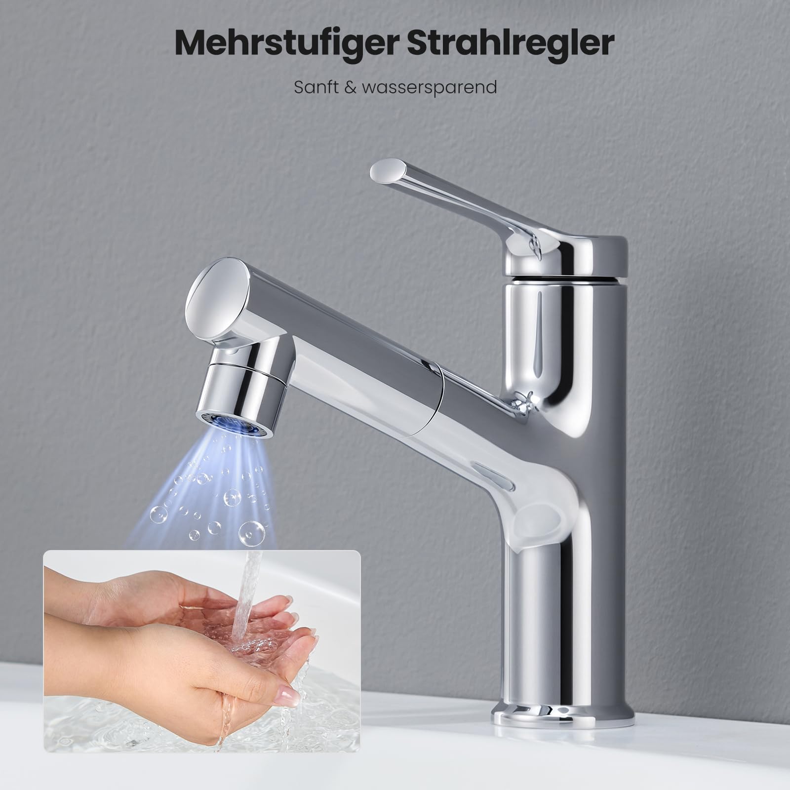 CECIPA Wasserhahn Bad Ausziehbar mit 2 Strahlarten Brause zum Haarewaschen | Hochdruck Waschtischarmatur, Waschbecken Armatur mit Auslauf Höhe 118 MM, Keramikkartusche, Wassersparend, Warm/Kalt, Chrom
