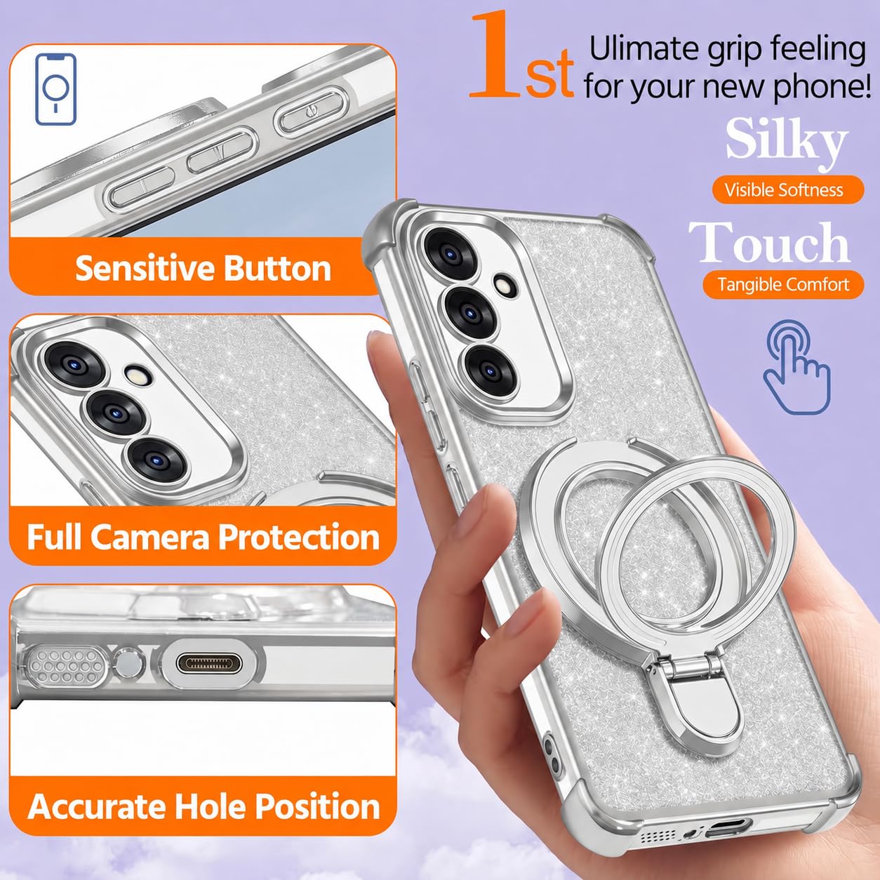Mobigon Glitter Phone Case Compatible with Xiaomi Redmi Note 14 4G (Not 5G), Magnetic Ring Stand Shockproof Cover, Clear Soft TPU Bumper with Full Camera Protection - Silver