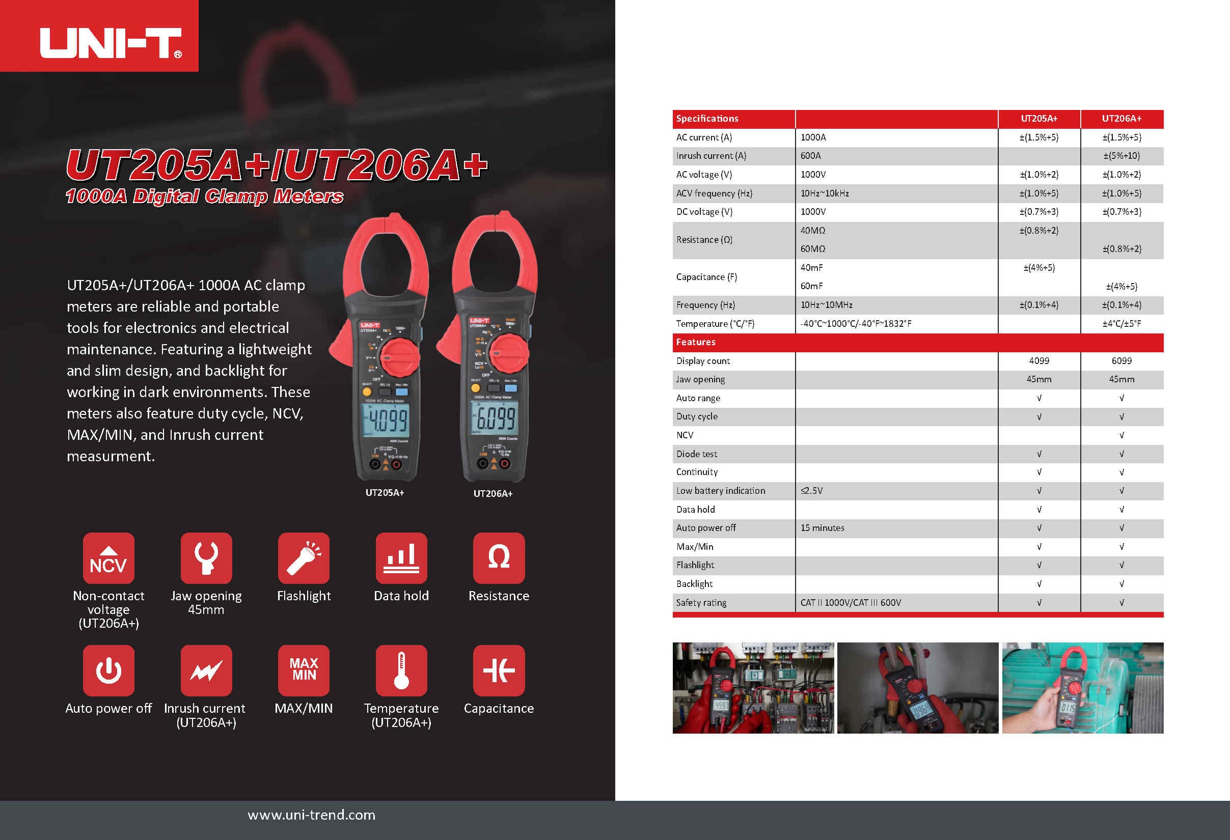 UNI-T UT205A+/UT206A+ 1000A Digital Clamp Meter Display Count 4000 Input Impedance for DCV Ergonomically Designed (UT205A+)