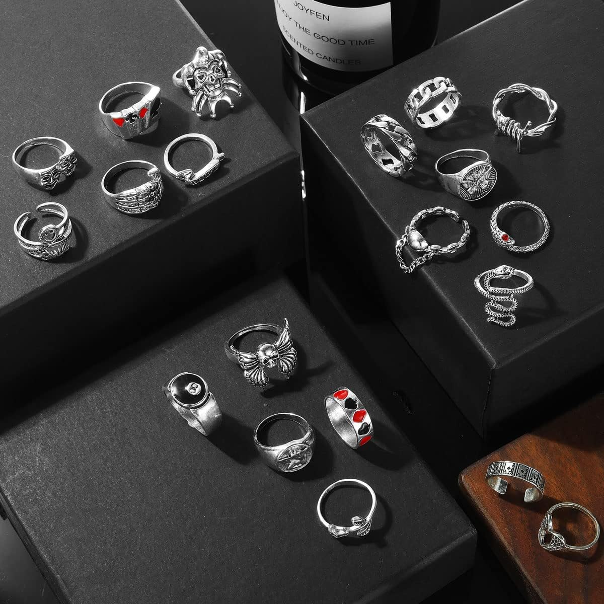17IF Vintage Silver Goth Grunge Ring Set for Women Men Girl, Chunky Gothic Cool Punk Stackable Adjustable Open Knuckle Finger Rings Bulk Stacking Ring Pack
