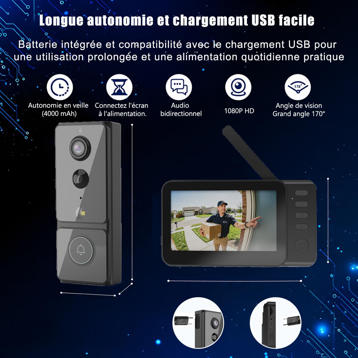 Sonnette sans Fil avec Caméra avec PIR Détection Mouvement Écran 4.3 Pouces | Exterieur Etanche Visiophone Vidéo 2,4 GHz Sans WiFi Interphone Vidéo Vision Nocturne 170° Enregistrement TF Maison 4000mAh