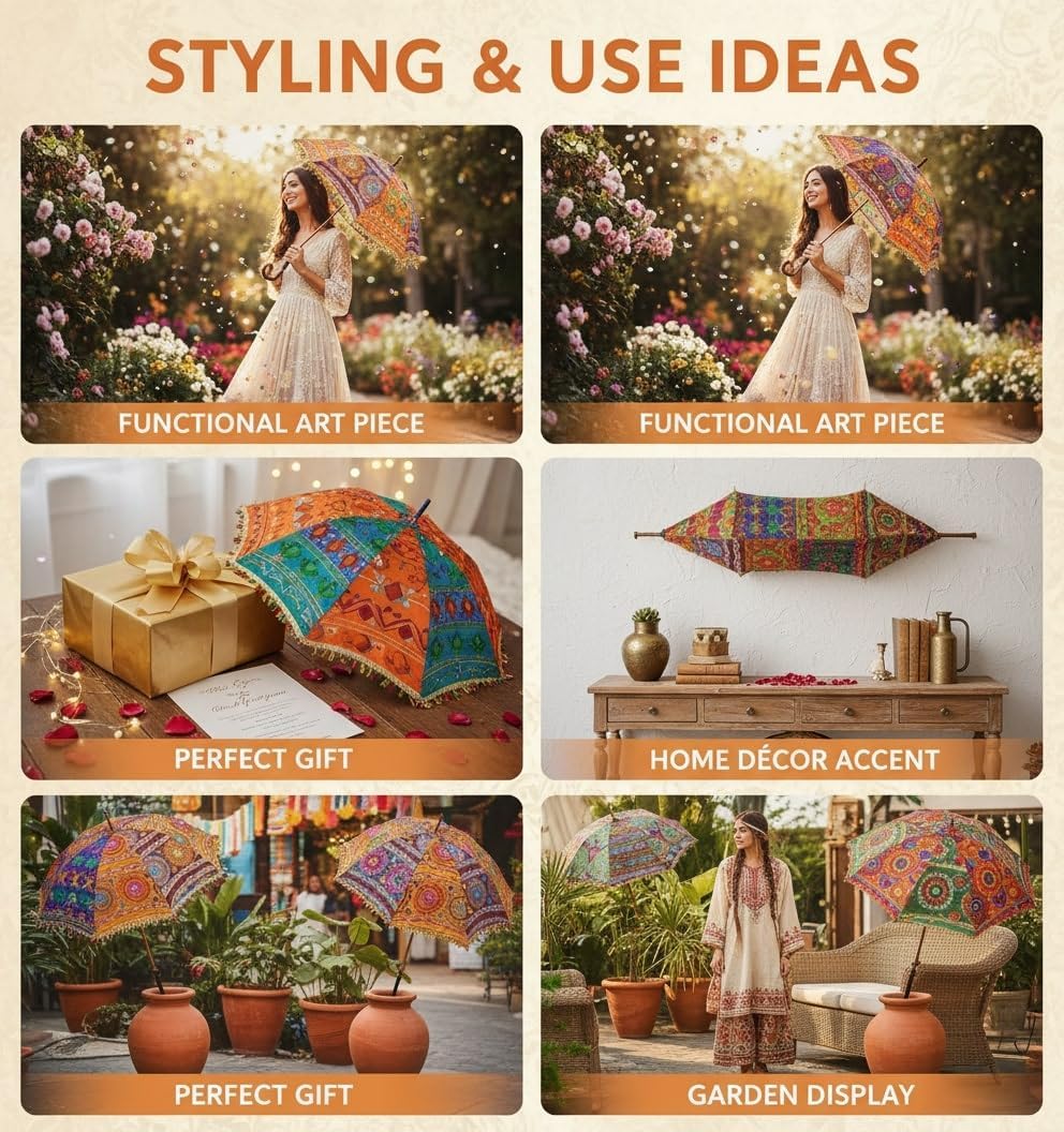 Wedding umbrellas Decorative Indian Cotton Parasol Umbrellas, Handmade Embroidered Design, Multi-Colored, Sun Umbrella,Boho Umbrellas Parasol, Set of 5