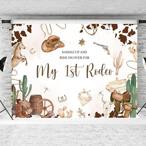 Miniatura 8 de Hilioens Fondo de 7 x 5 pies con texto en inglés "My 1st Rodeo", fondo de primer cumpleaños de vaquero occidental para niña, cactus del salvaje