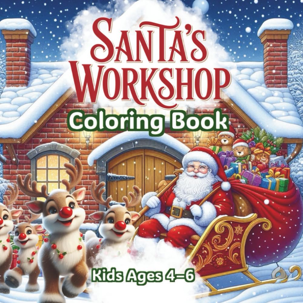 Santa’s Workshop Coloring Book for Kids Ages 4–6: Cute Christmas Elves, Santa Claus, Sleighs, Reindeer & Winter Scenes – Simple Bold Coloring Pages for Preschool and Kindergarten