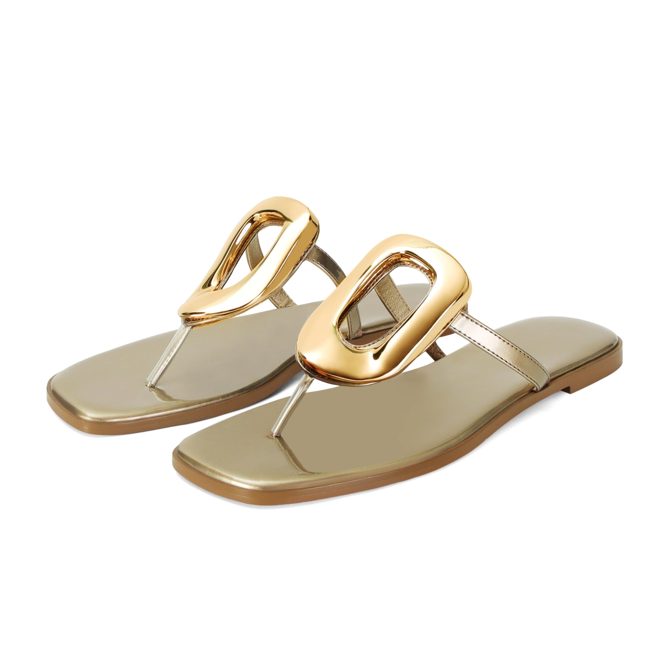 Wnshonzy Flip-Flops for Women Thong Sandals Flat Slip on Slides Beach Comfort Open Square Toe Ladies Slipper Dressy Metal Hardware Decoration Summer