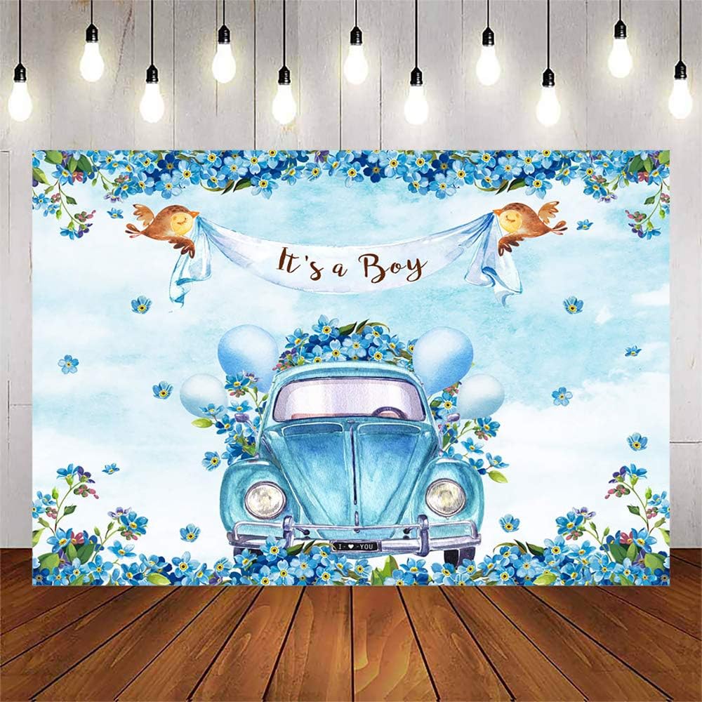 Avezano It's a boy Backdrop Drive by Baby Shower Background Blue Floral and Car Gender Reveal Party Decoration Banner Drive Through Parade Photoshoot Props (7x5ft)