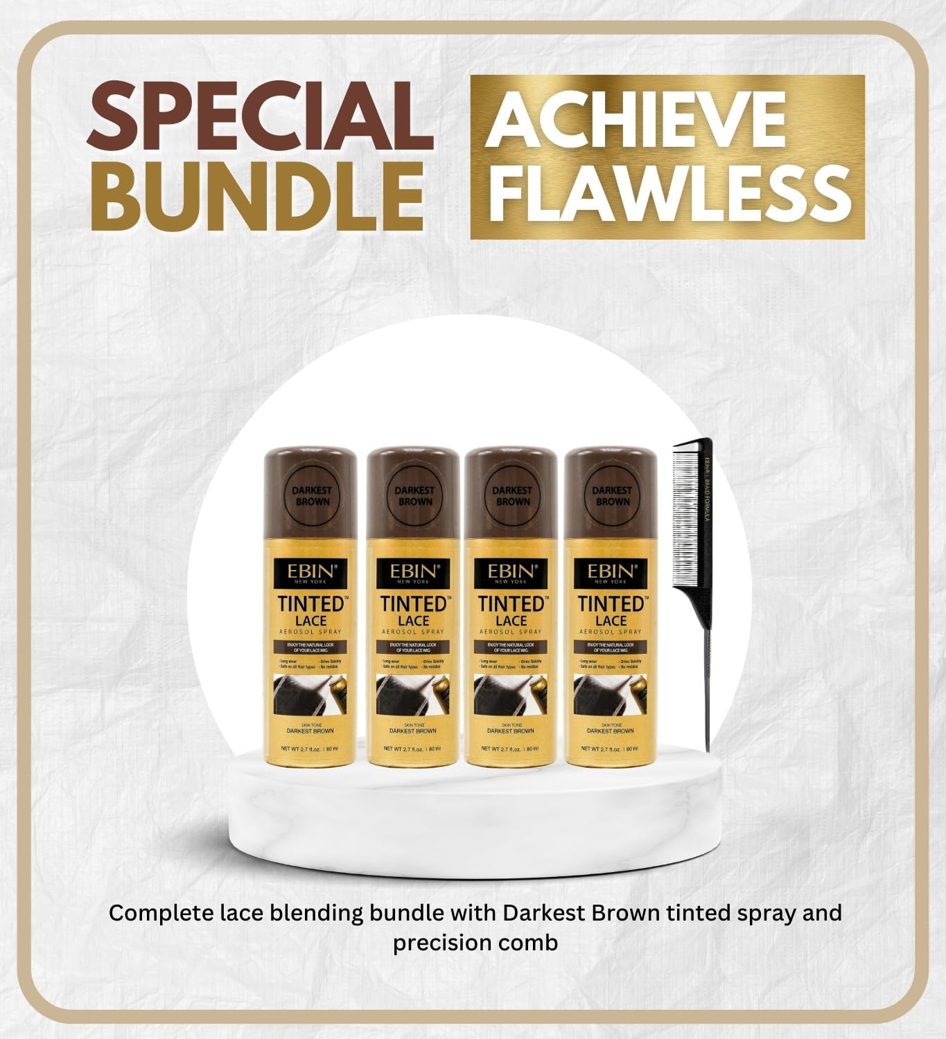 EBIN NEW YORK Lace Tint– Tinted Lace Aerosol Spray 2.7oz/80ml Darkest Brown Bundle with BRAID FORMULA Pintail Parting Comb Seamless Finish & Quick-Dry Formula – Spray for Wigs – Gift Set (5 Items)
