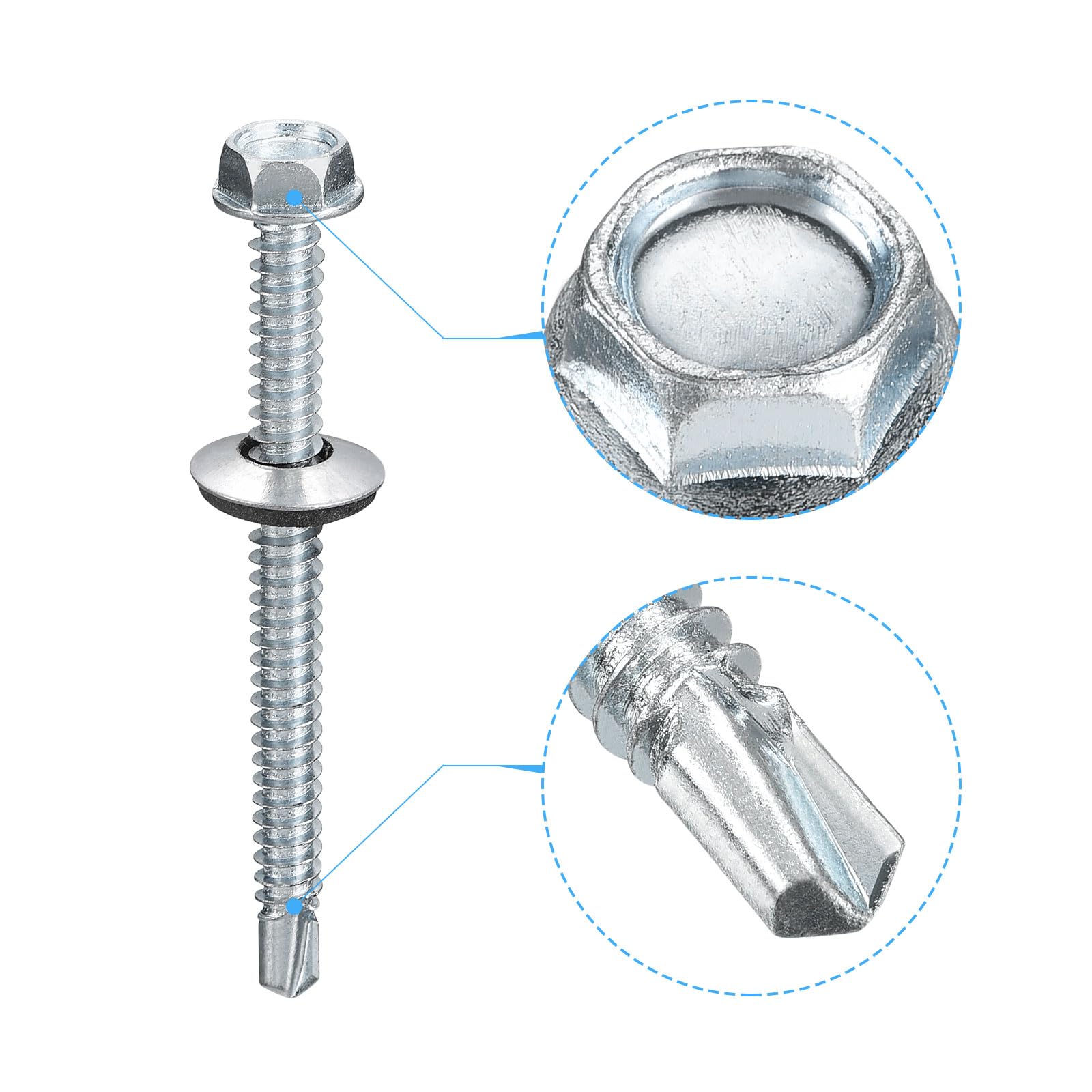 uxcell Tornillos autoperforantes #14x3 con arandela de goma, 200 tornillos autorroscantes de cabeza hexagonal con acabado chapado en zinc con arandela EPDM para metal