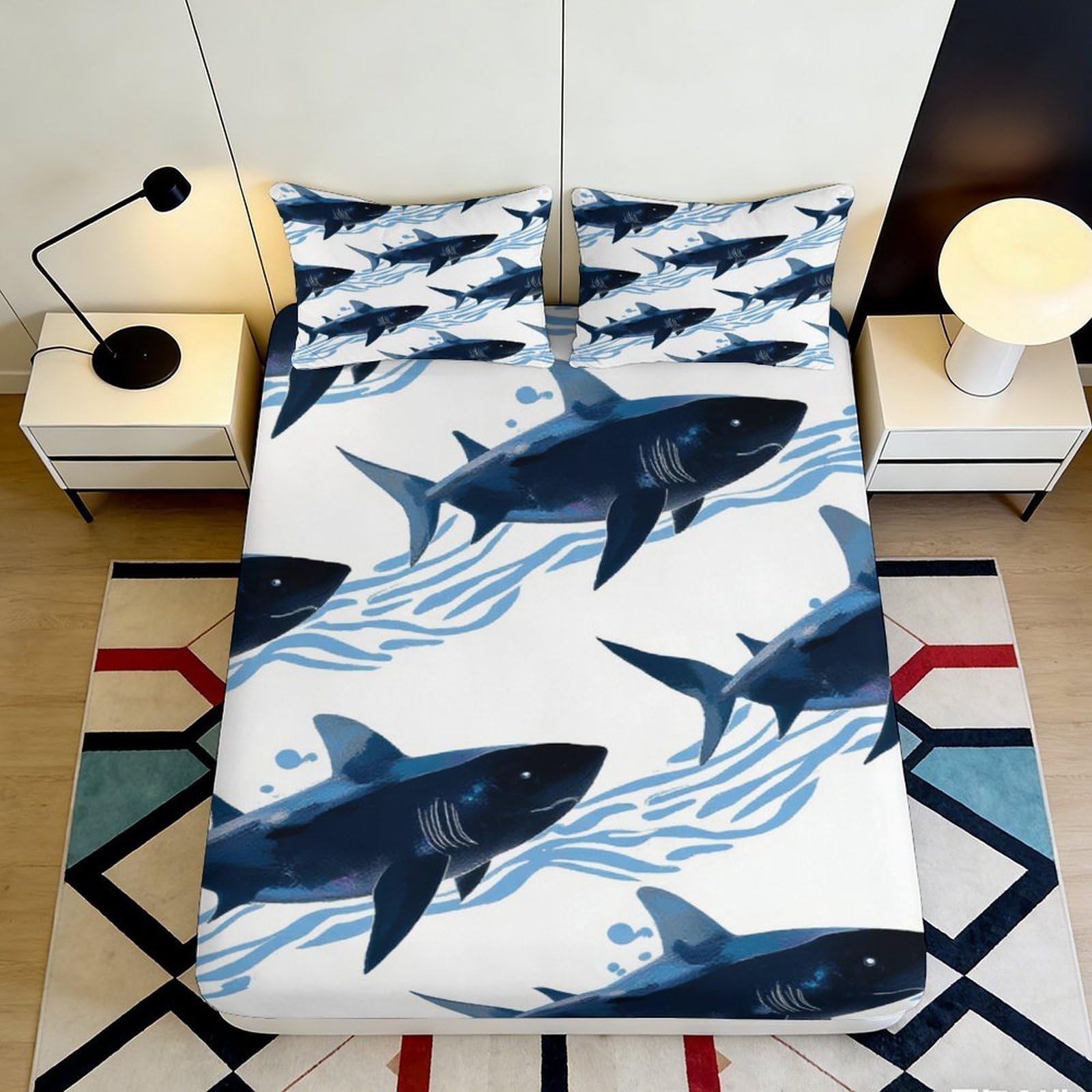 Pnayamiorkfel Style-3 3D Printed Shark Ocean Fitted Sheet Microfiber Soft Anti-Slip Mattress Cover For Bedroom Guest Room Decor Easy Care 90X200x25cm