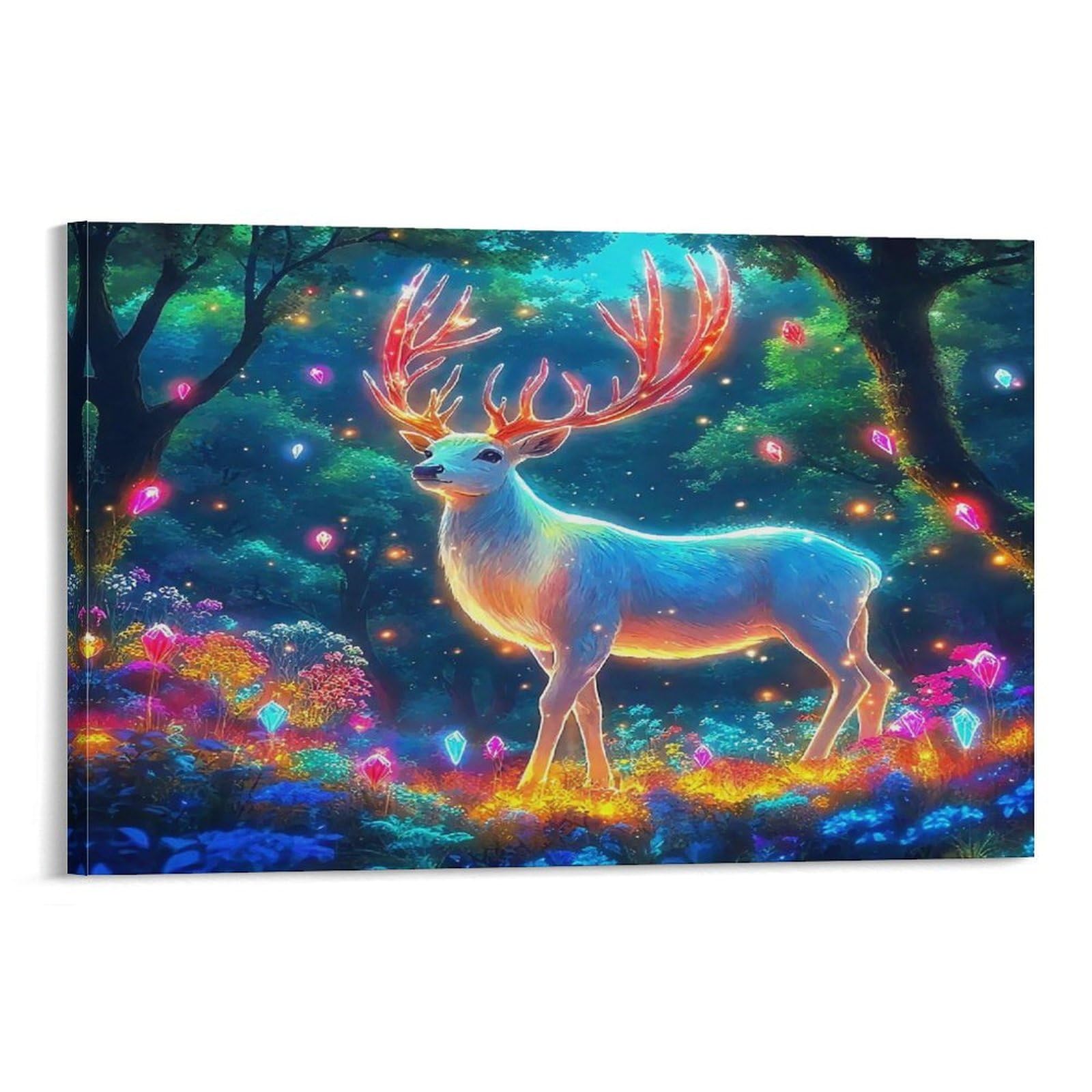 CPLVKWRQJ Cute Fawn Running Single Piece Glowing Magic Deer Dark Crystal Forest Canvas Wall Decor - Office Canvas Print Fade Resistant Wall Focal Art Decor 20x30inch(50x75cm)