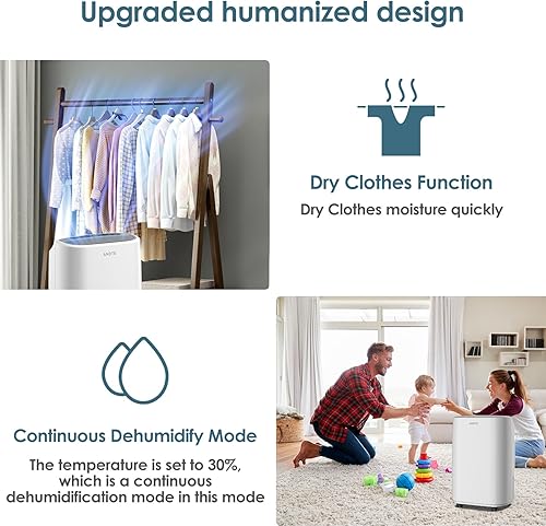 Miniatura 5 de ANDTE - Deshumidificador de 2500 pies cuadrados para sótano o sótano, deshumidificador de 34 pintas con manguera de drenaje con control inteligente