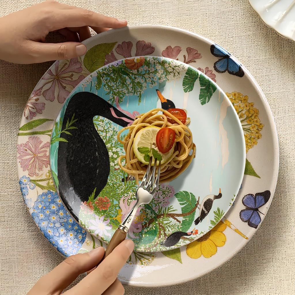 4 Piece Ceramic Plates Set, 8.5Inch Dessert & Salad,Appetizer Plates，Illustrated style Prints, Suitable for Serving Pasta, Pizza. Dishwasher, MicrowaveSafe.gift for birthdays and holidays(8.5inch)