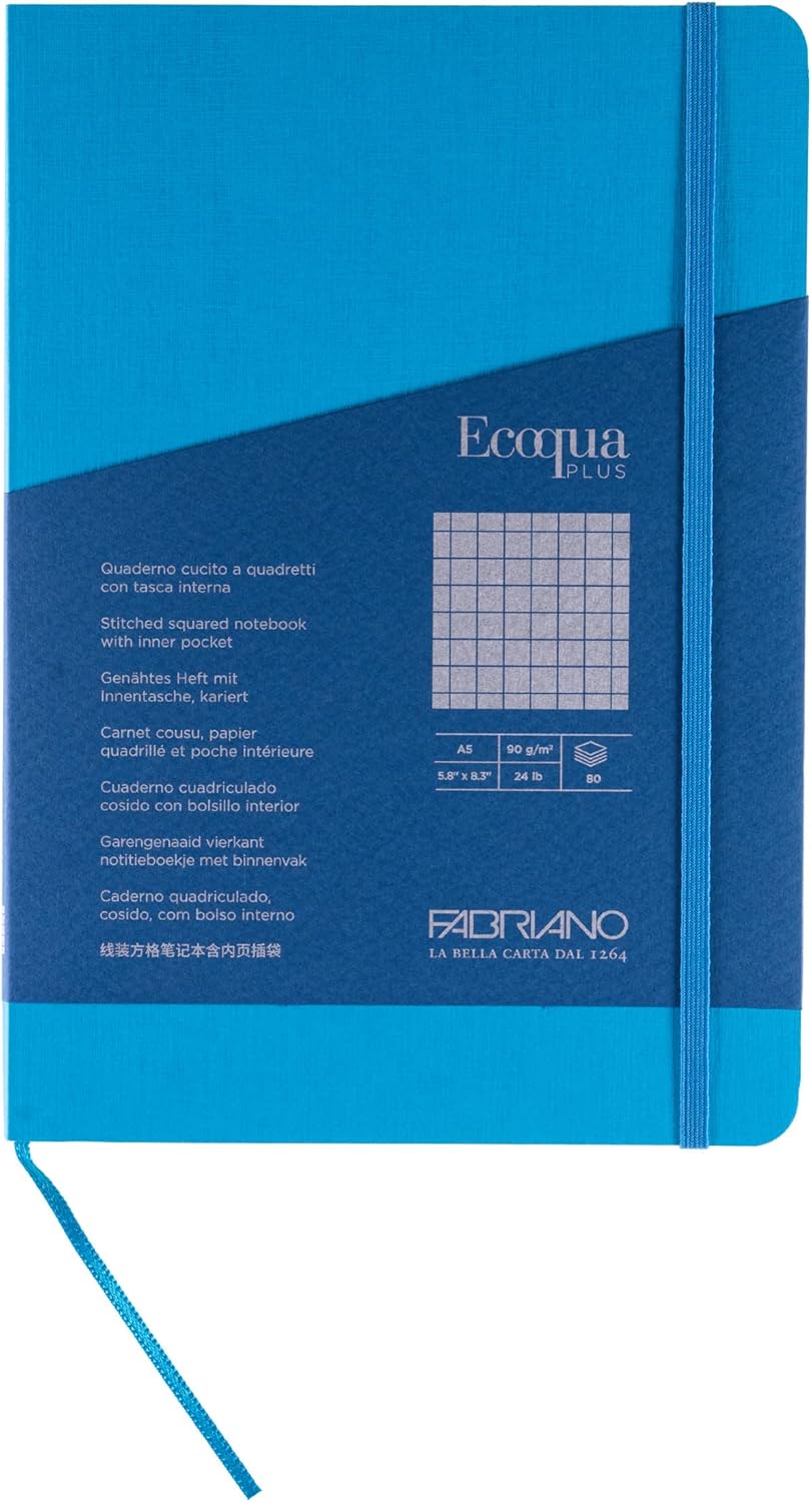 Fabriano Ecoqua Plus Stitch-Bound Notebook, 5.8" x 8.3", A5, Graph, Turquoise