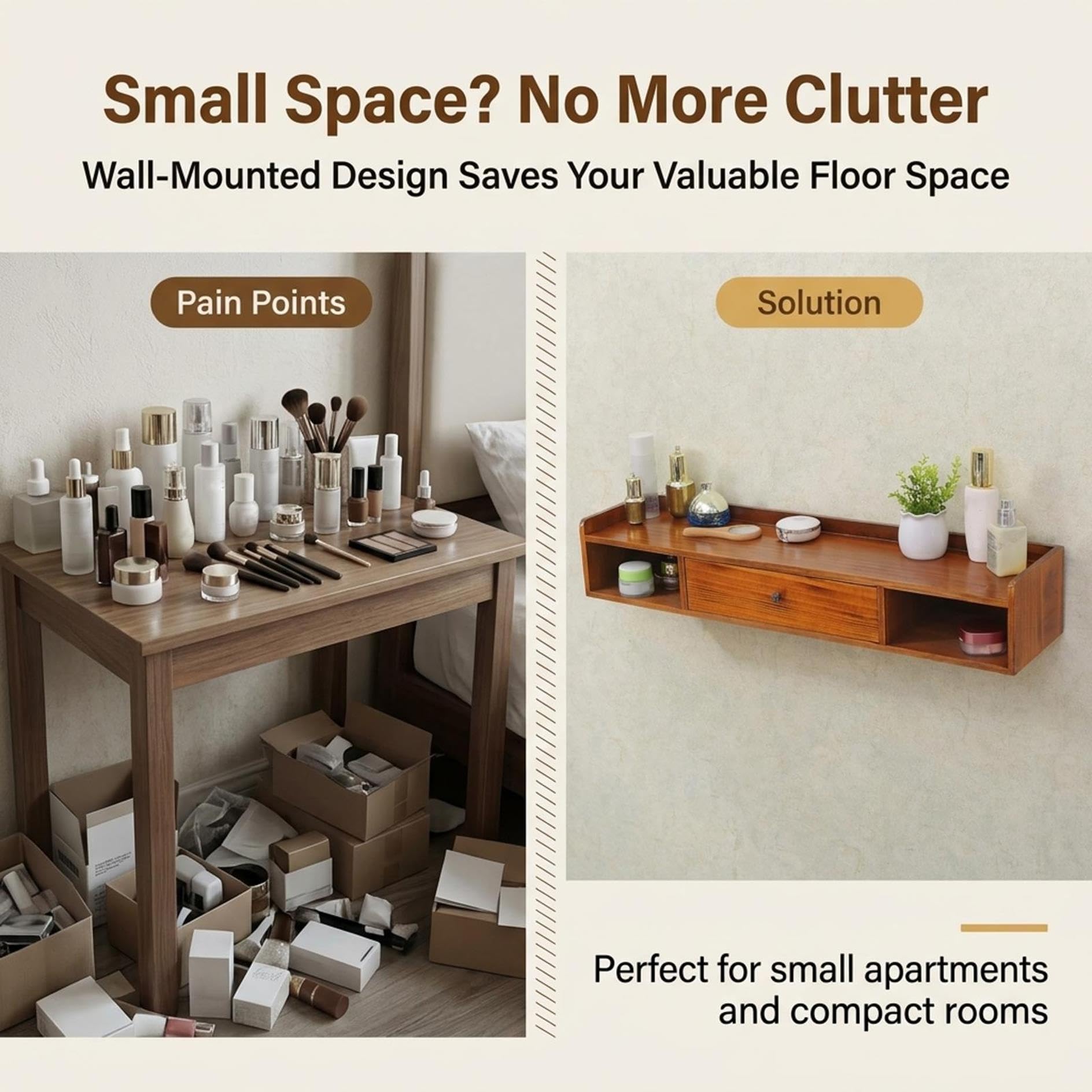 Tocador Flotante de Pared, Mesa de Maquillaje con Cajón y Repisas, Madera