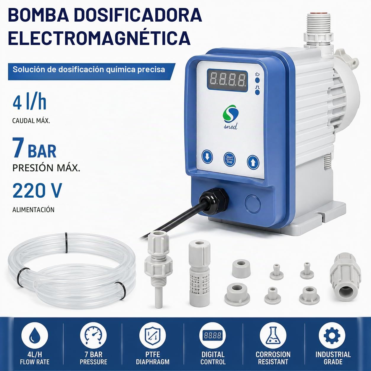 Bomba dosificadora electrónica de cloro ácido ajustable 4L/H 7bar para piscina