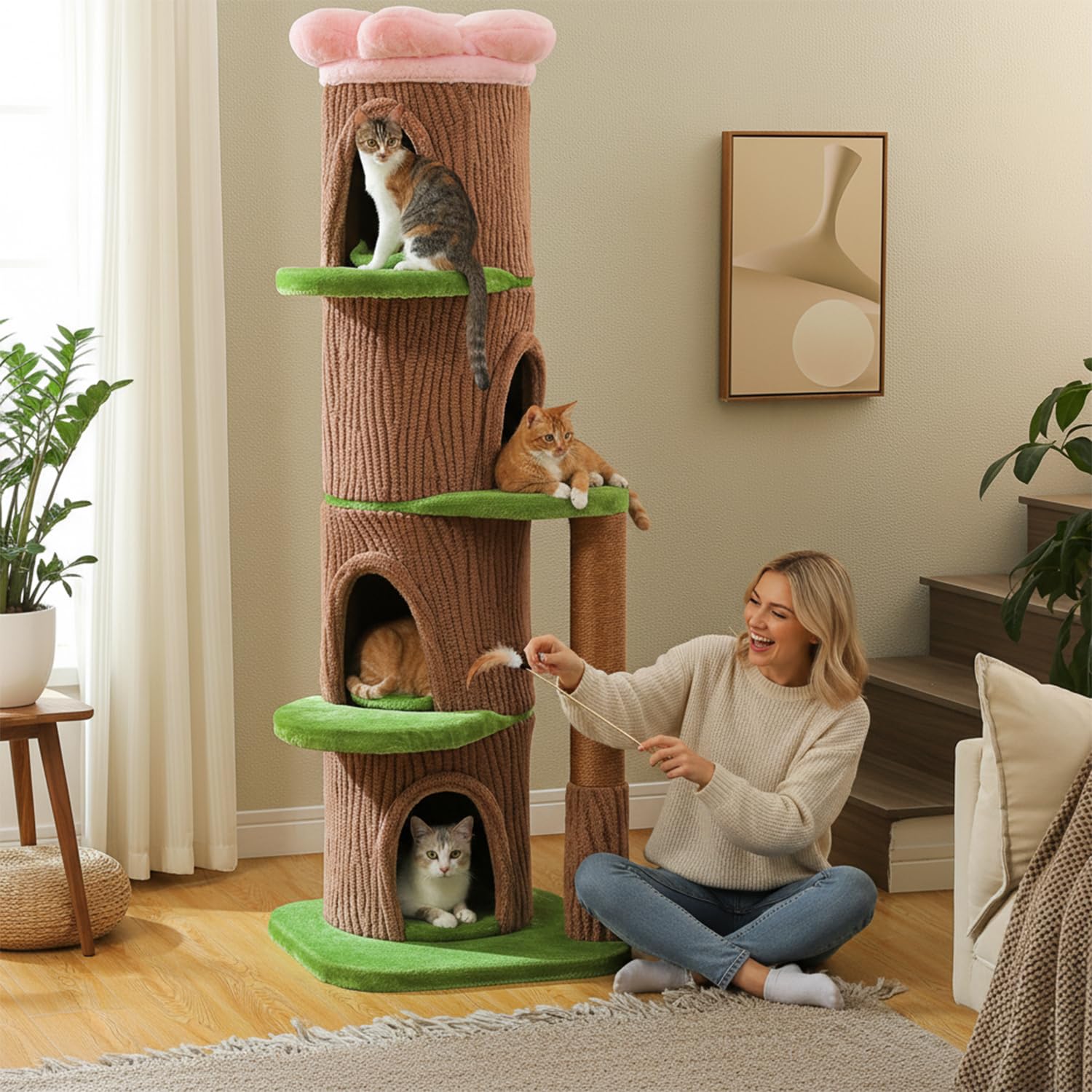 PAWZ Road Katzenbaum aus Massivholz, 136 cm hoher moderner Kratzbaum im Wald-Design mit Blumen-Sitzplattform, Ø 9,6 cm Naturholzstämme, großes Katzenmöbel mit 2 Höhlen